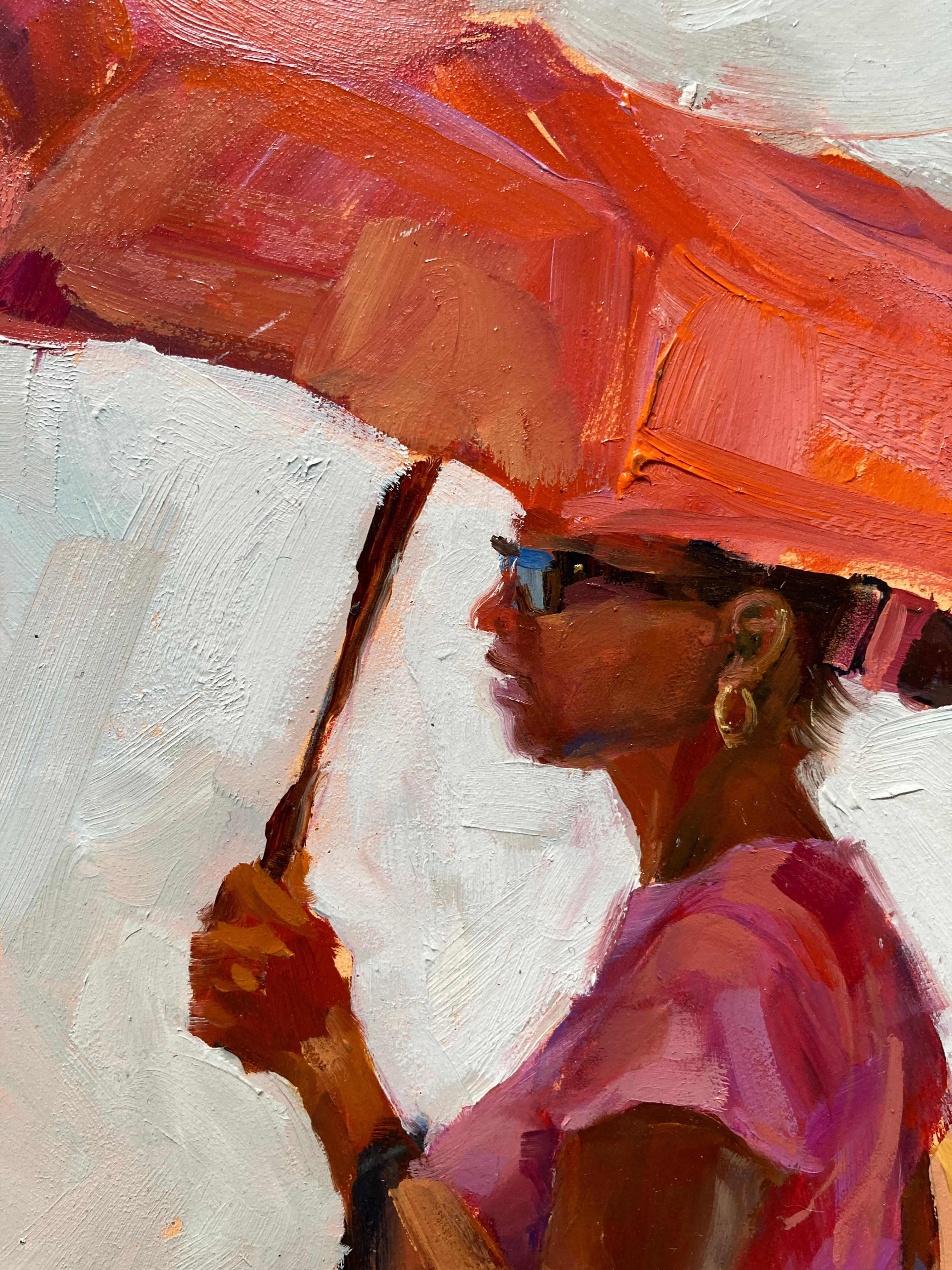 „“Der rote Schirm“ – zeitgenössisches impressionistisches Frauenporträt – Painting von Deborah Newman