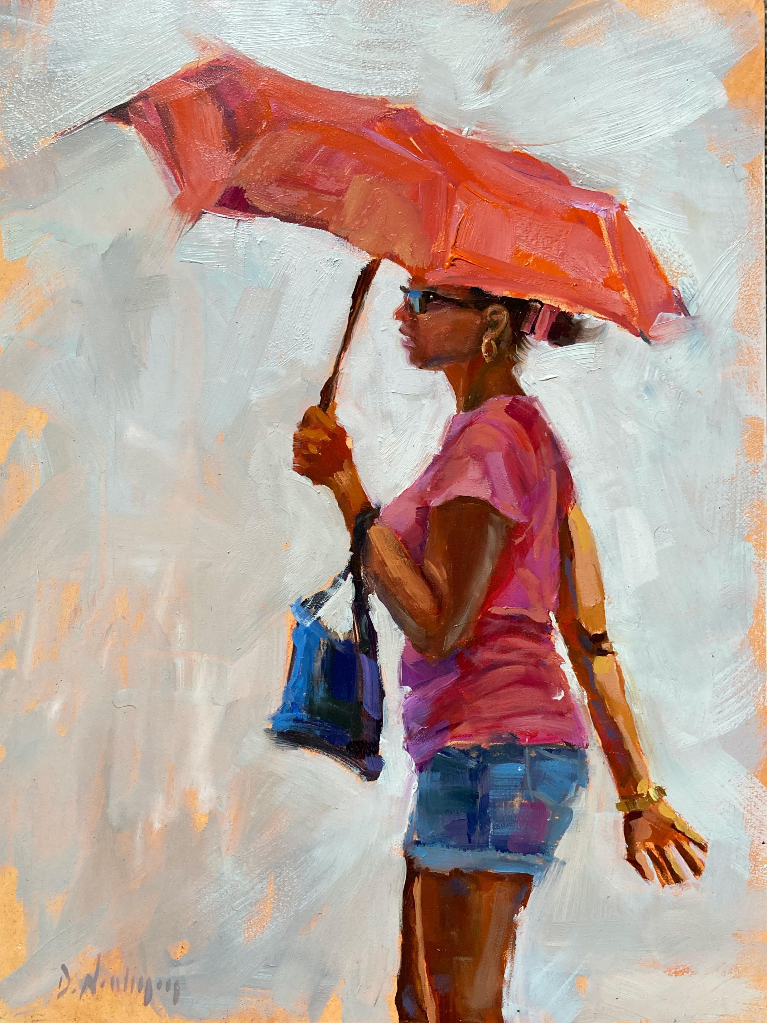 Figurative Painting di Deborah Newman - "L'ombrello rosso" - Ritratto di donna impressionista contemporaneo