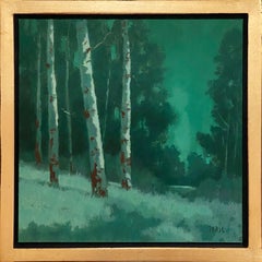 Aspen Nights (Aspen grove, emerald sky, moon reflections, greens, brown, white)