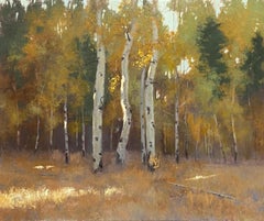 Autumn Tapestry (Aspen grove, luminous, golden leaves & grasses, green, black)