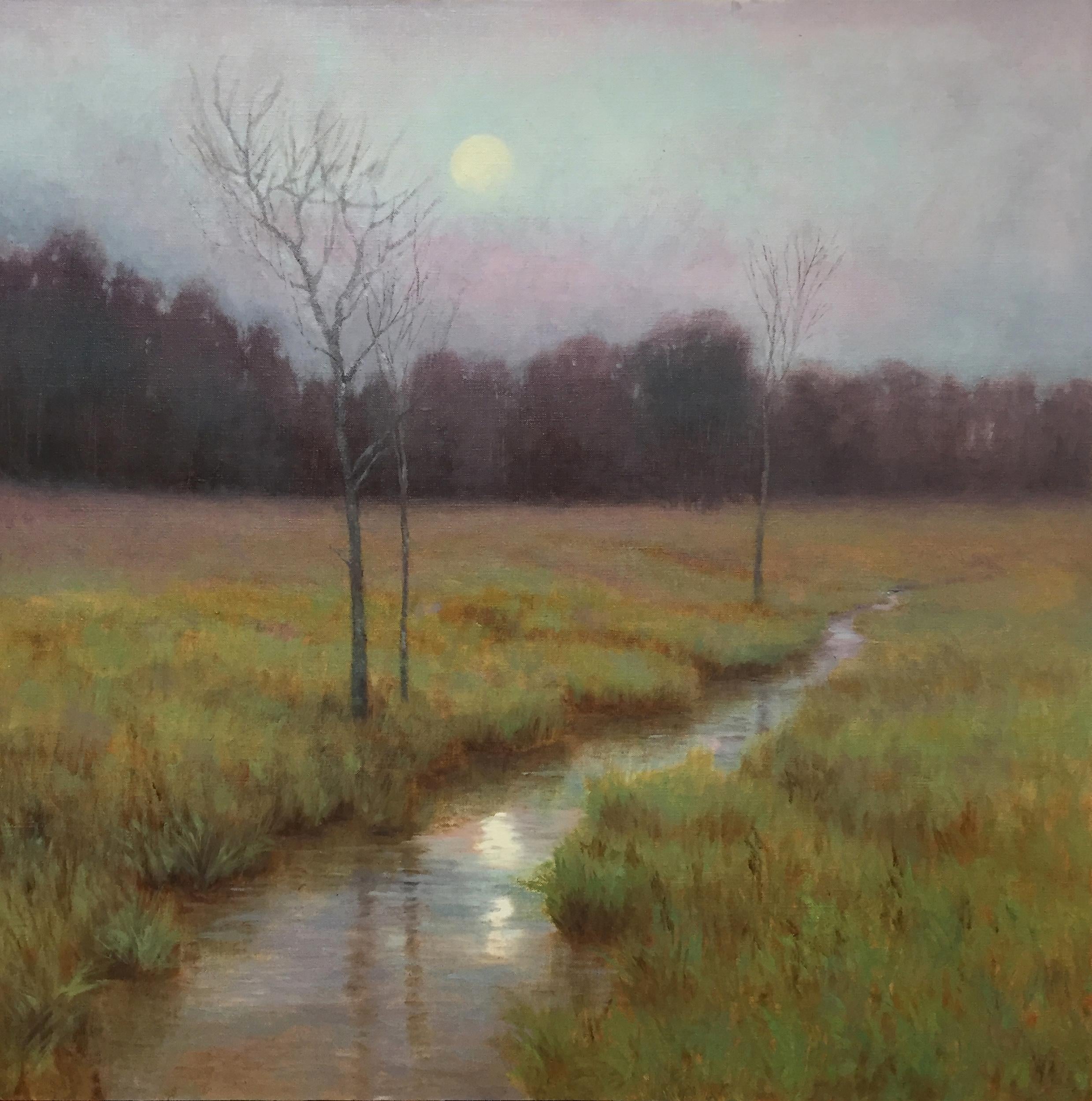 Spring Moonrise (Stream, lush, reflection, cool colors) - Painting by Deborah Paris
