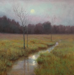 Spring Moonrise (Stream, lush, reflection, cool colors)