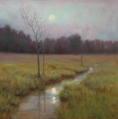 Spring Moonrise (meandering stream in pastel contemporary western landscape)
