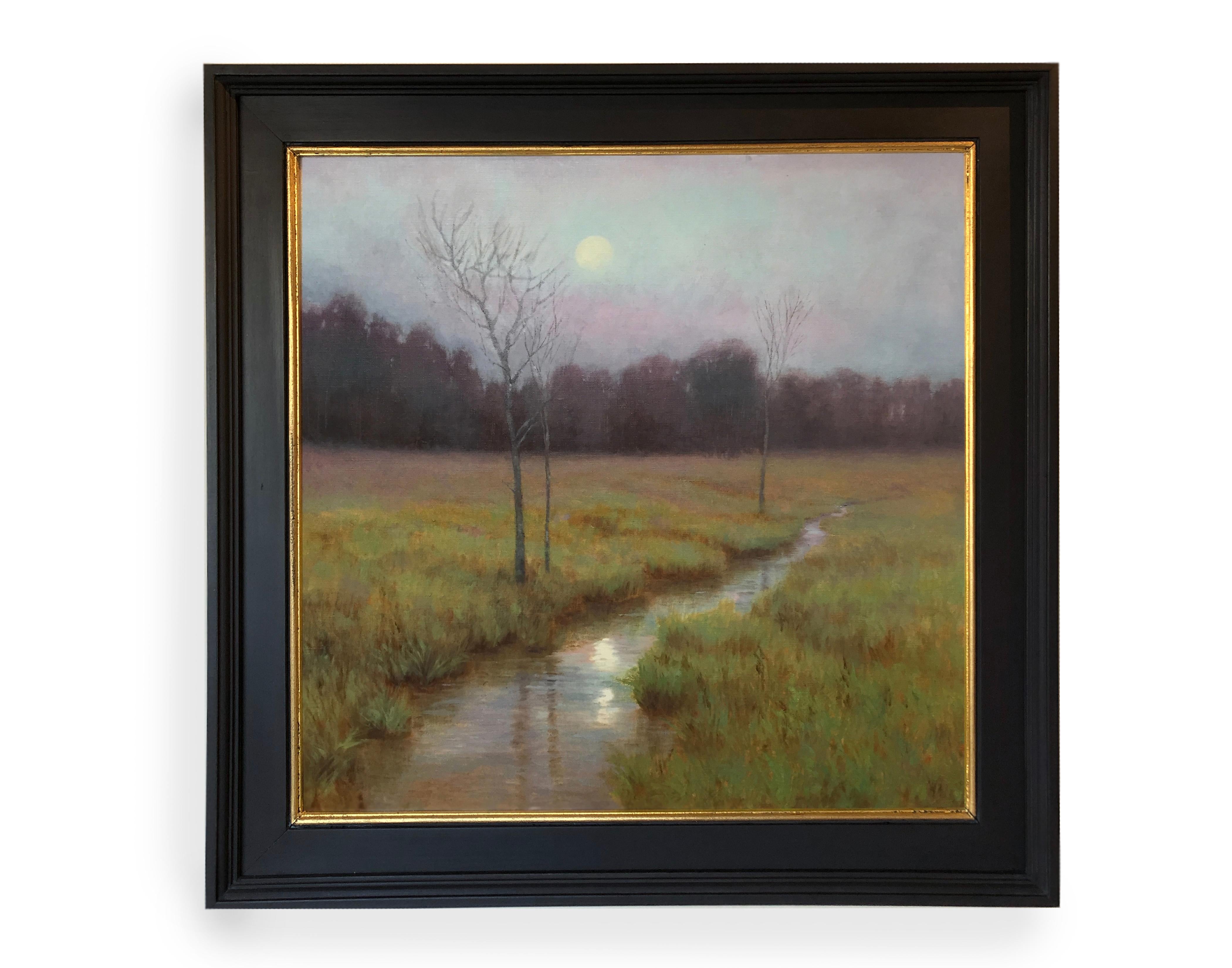 Deborah Paris Landscape Painting - Spring Moonrise (Stream, lush, reflection, cool colors)