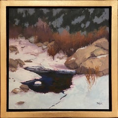 Winter Reflections (meandering icy river, snowbank, pastel snow, evergreens)