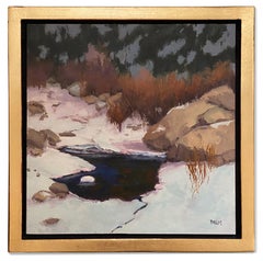 Winter Reflections (meandering icy river, snowbank, pastel snow, evergreens)