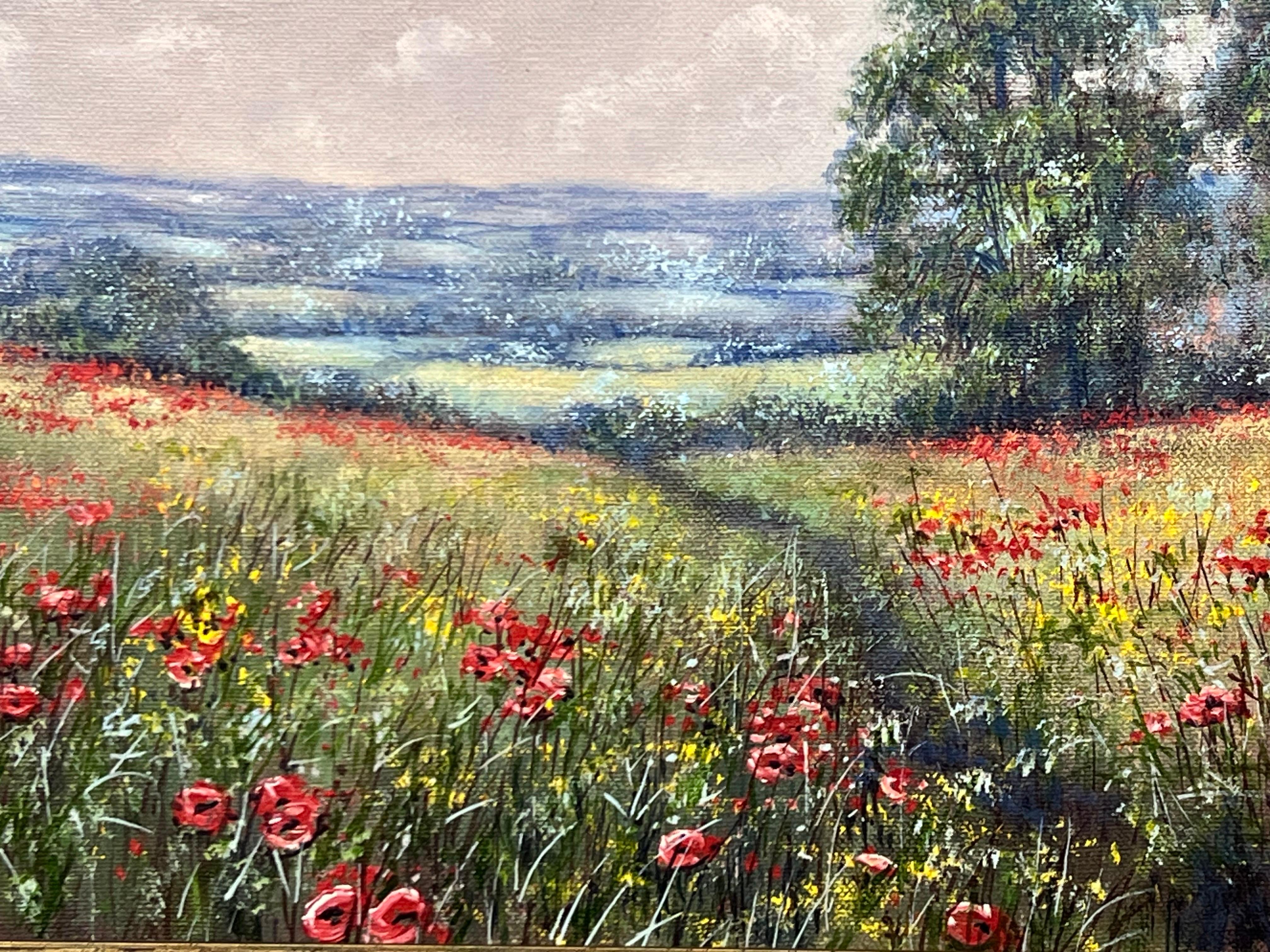 Floral Vintage Oil Painting of Wild Red Poppies in Field in English Countryside For Sale 5