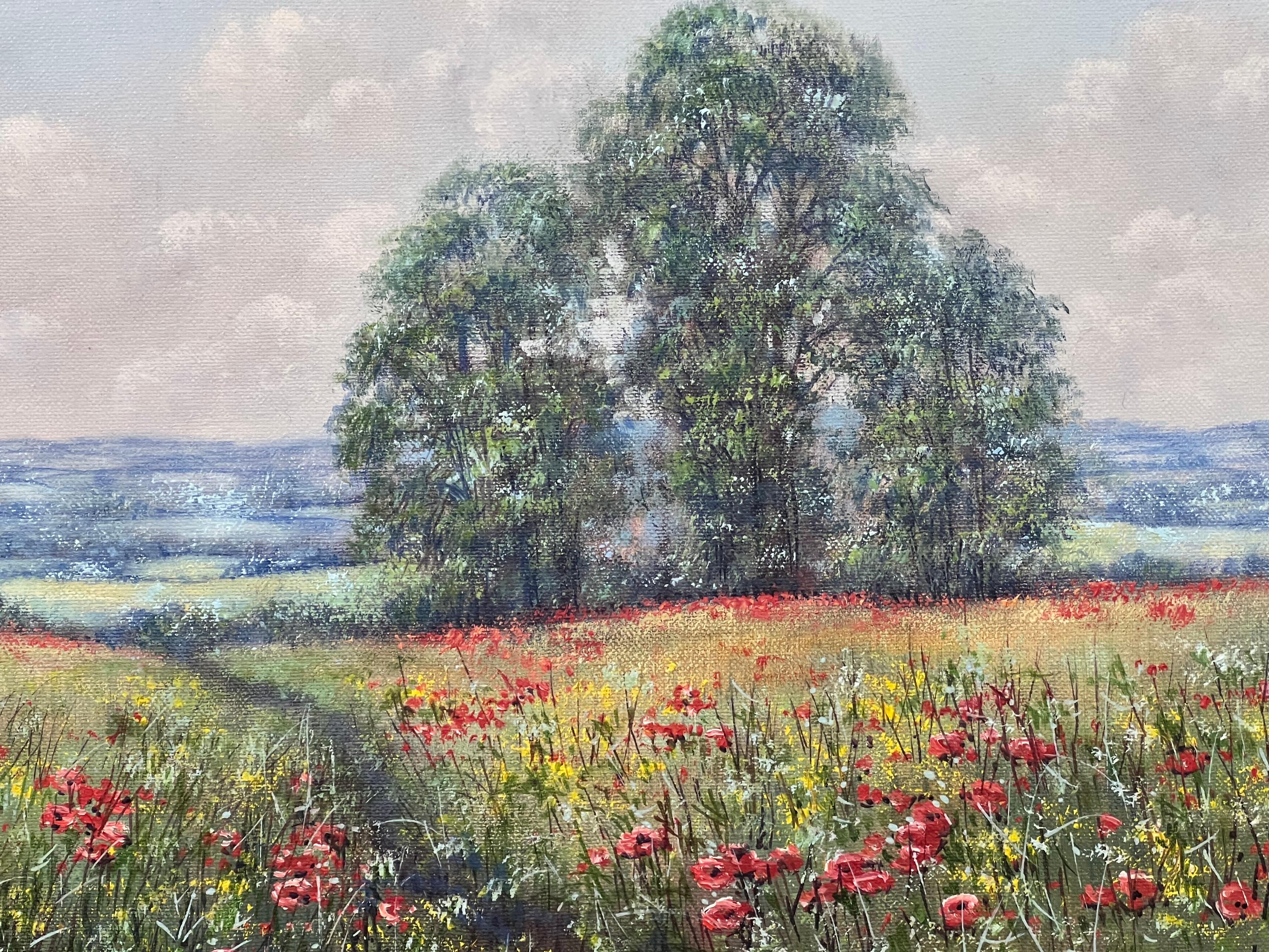 Floral Vintage Oil Painting of Wild Red Poppies in Field in English Countryside For Sale 6