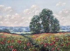 Floral Vintage Oil Painting of Wild Red Poppies in Field in English Countryside