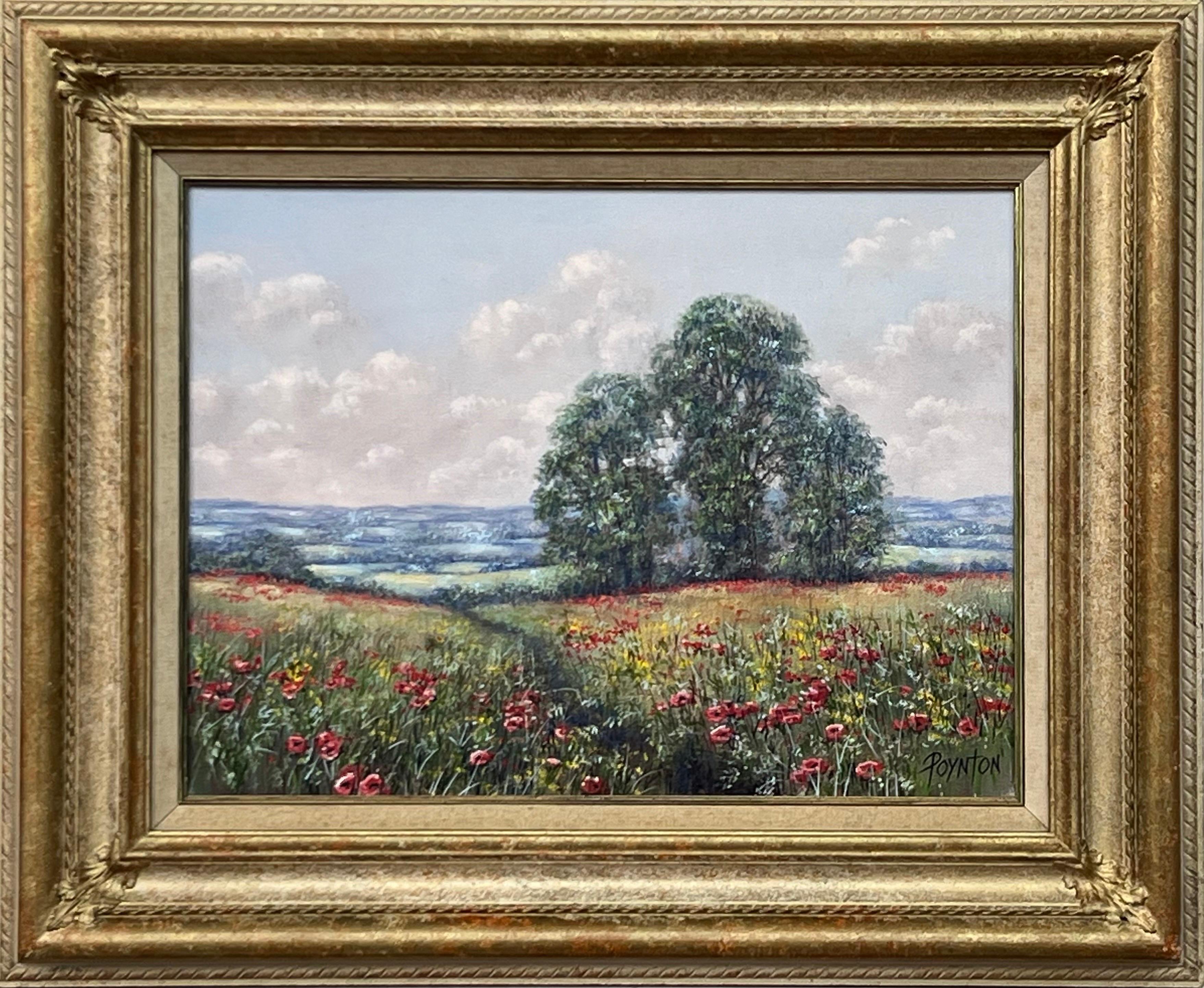 Deborah Poynton Landscape Painting - Floral Vintage Oil Painting of Wild Red Poppies in Field in English Countryside