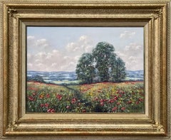 Floral Vintage Oil Painting of Wild Red Poppies in Field in English Countryside