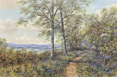 LARGE BRITISH IMPRESSIONIST OIL PAINTING - BLUEBELL WOODS OPEN LANDSCAPE