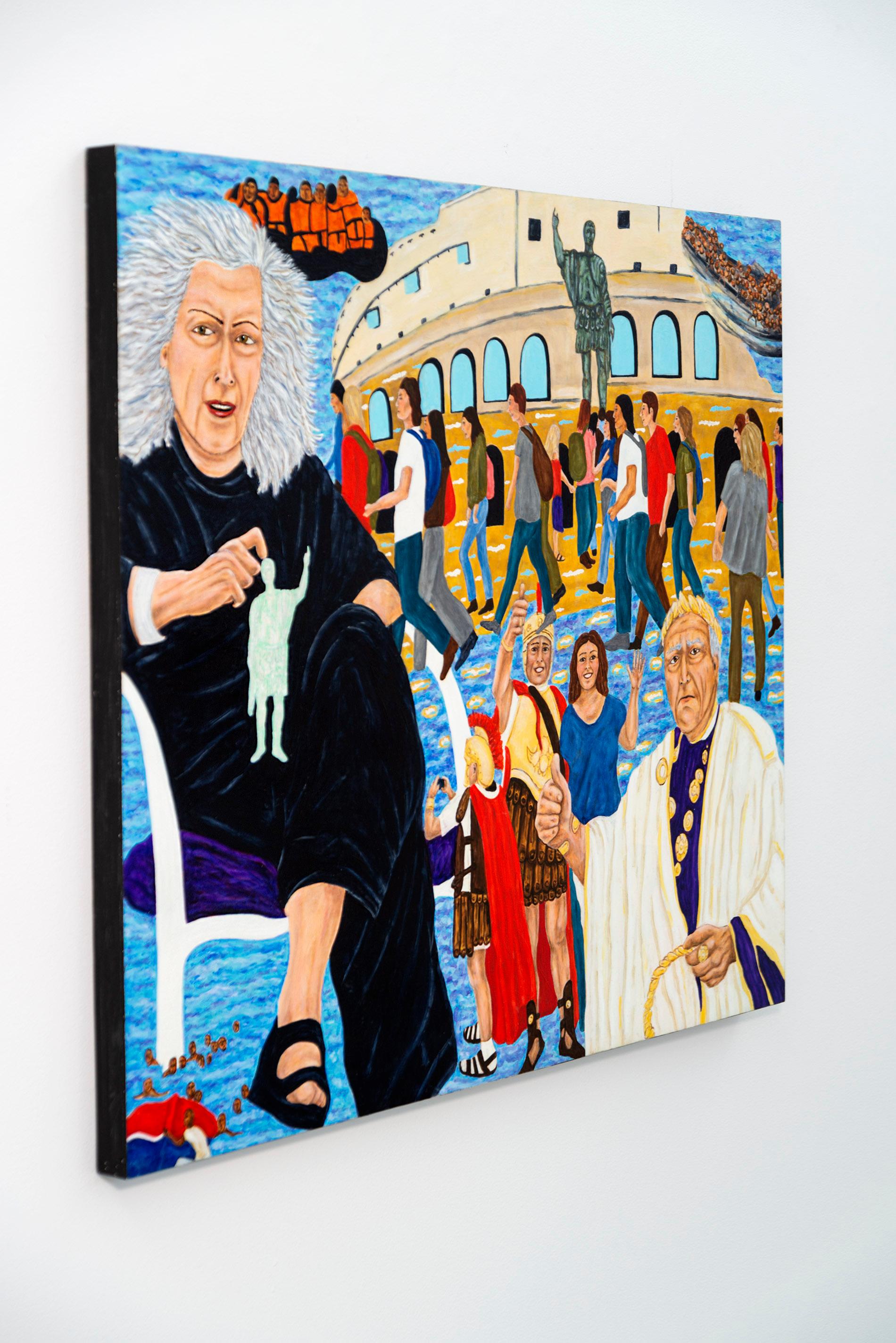 All Roads Lead to Rome - zeitgenössisch, Flüchtlinge, Touristen, surreal – Painting von Deborah Root