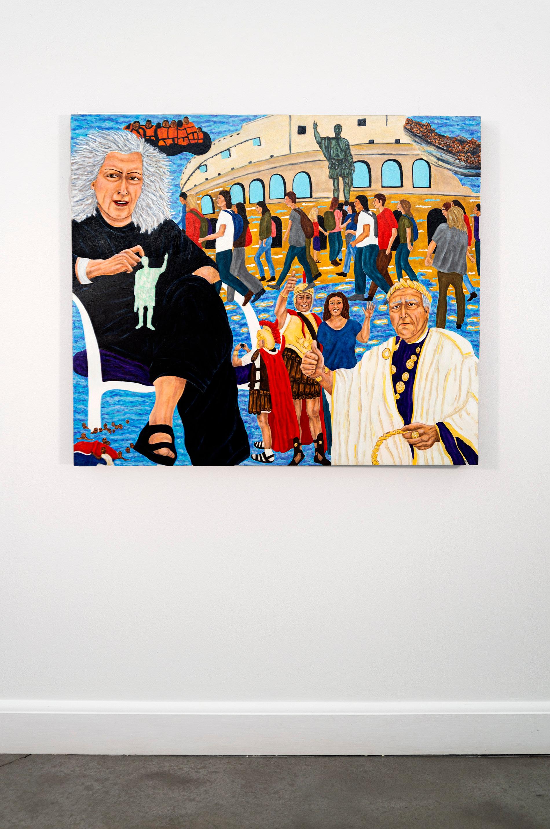 All Roads Lead to Rome - zeitgenössisch, Flüchtlinge, Touristen, surreal (Zeitgenössisch), Painting, von Deborah Root