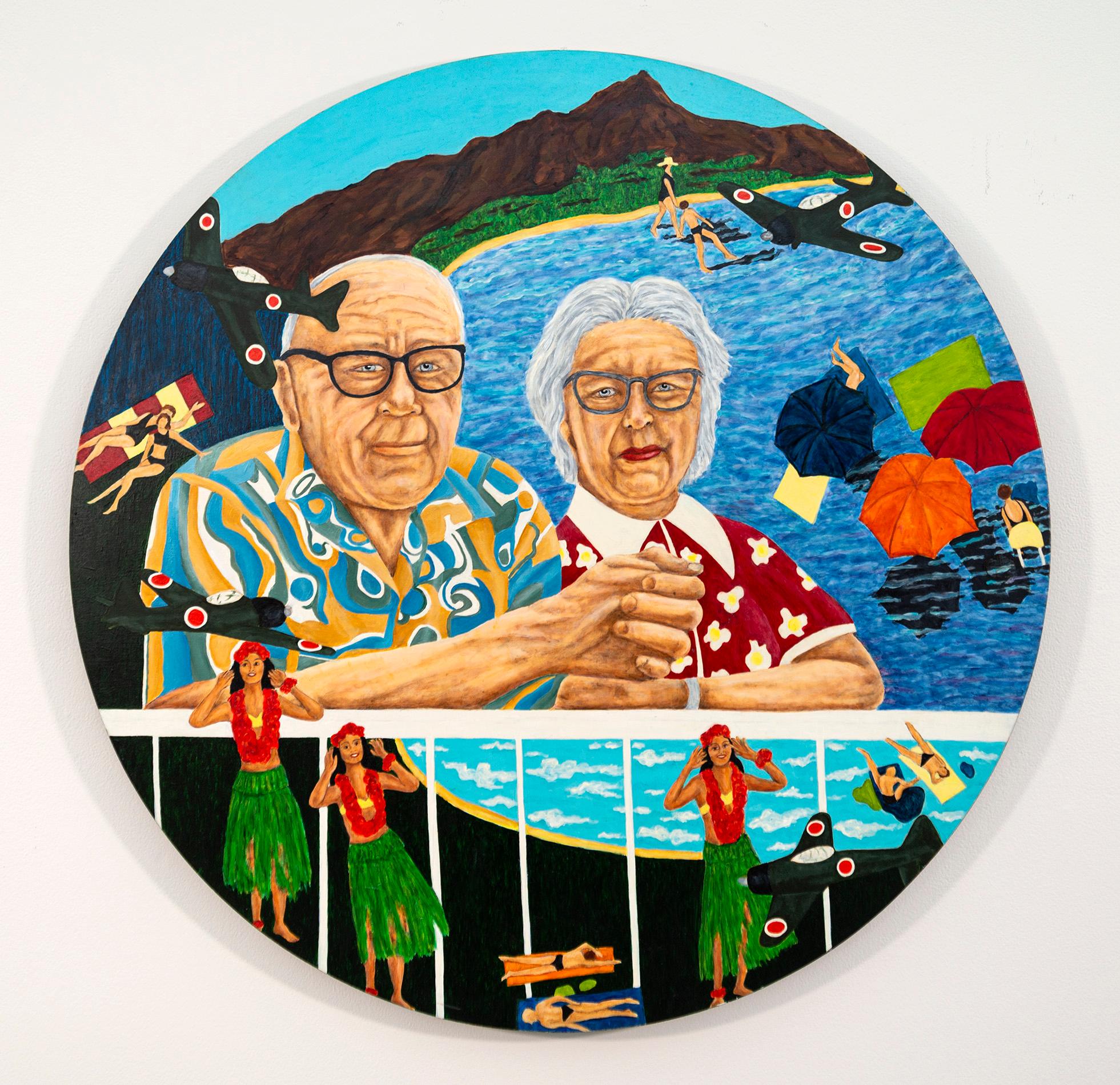 Figurative Painting di Deborah Root - Dicembre a Oahu: Un sogno di vittoria - contemporaneo, figurativo, olio su pannello