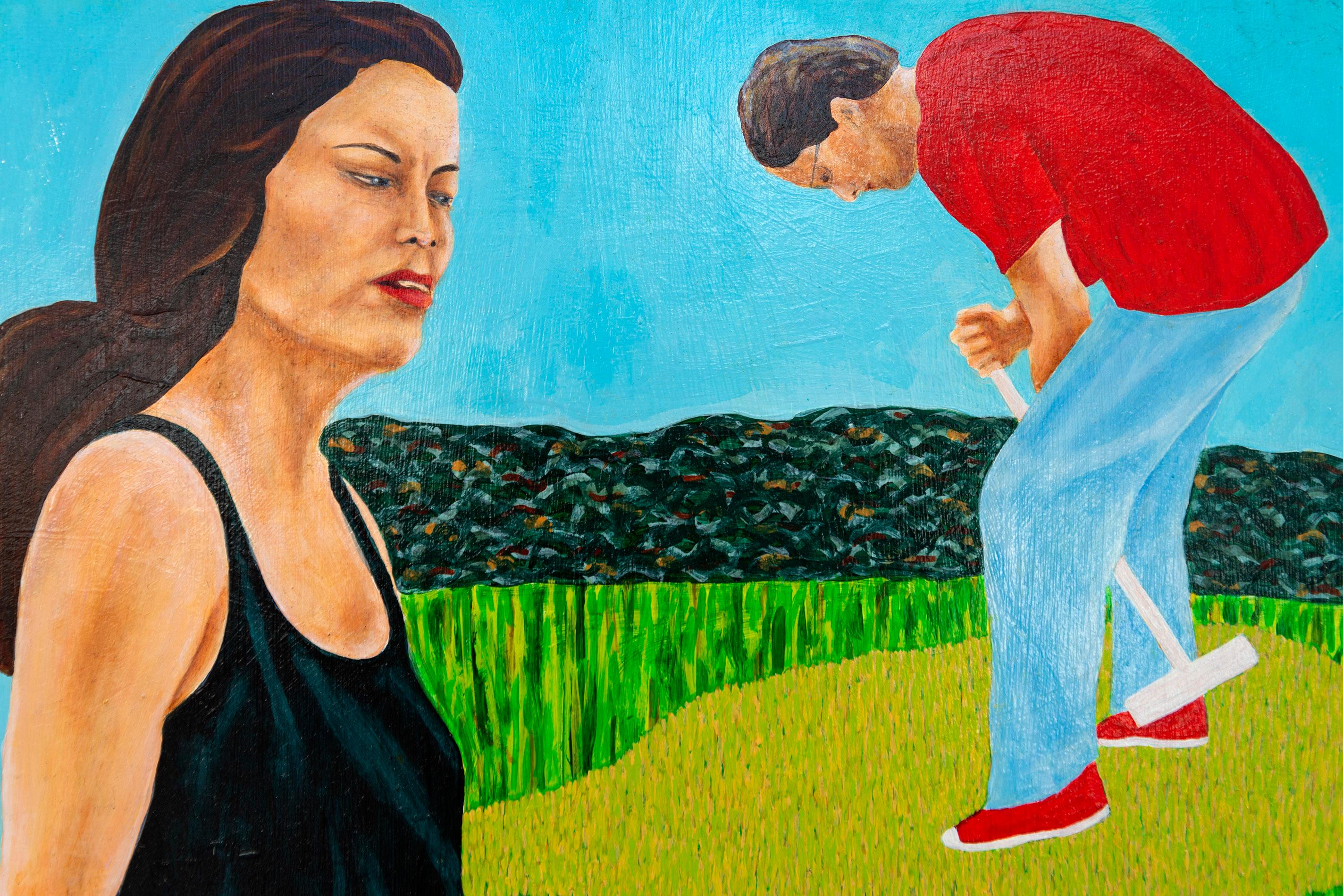Sur L'herbe - contemporaneo, figurativo, olio su pannello in vendita 1
