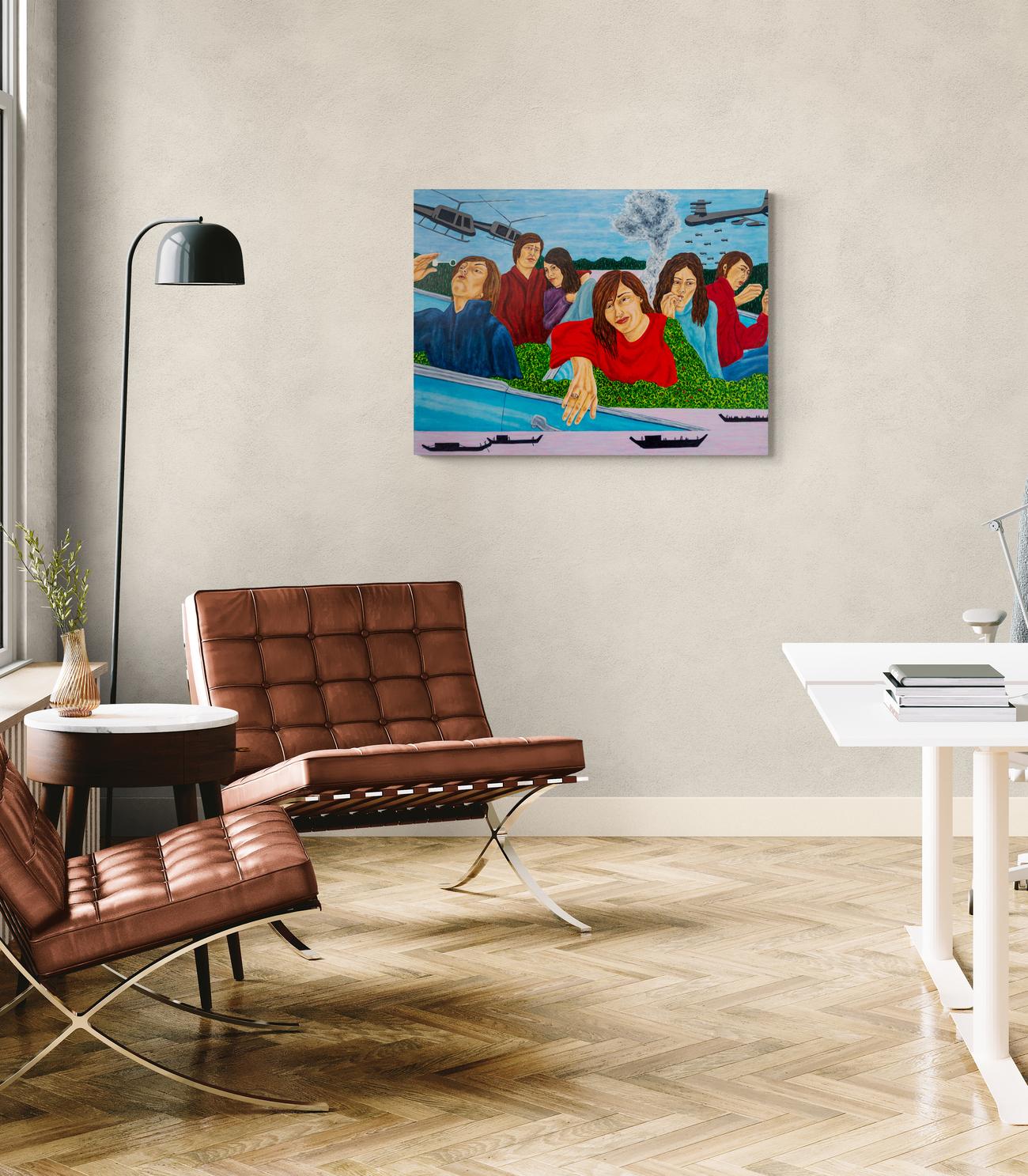 The Blue Bus is Calling Us - zeitgenössisch, figurativ, Öl auf Platte im Angebot 5