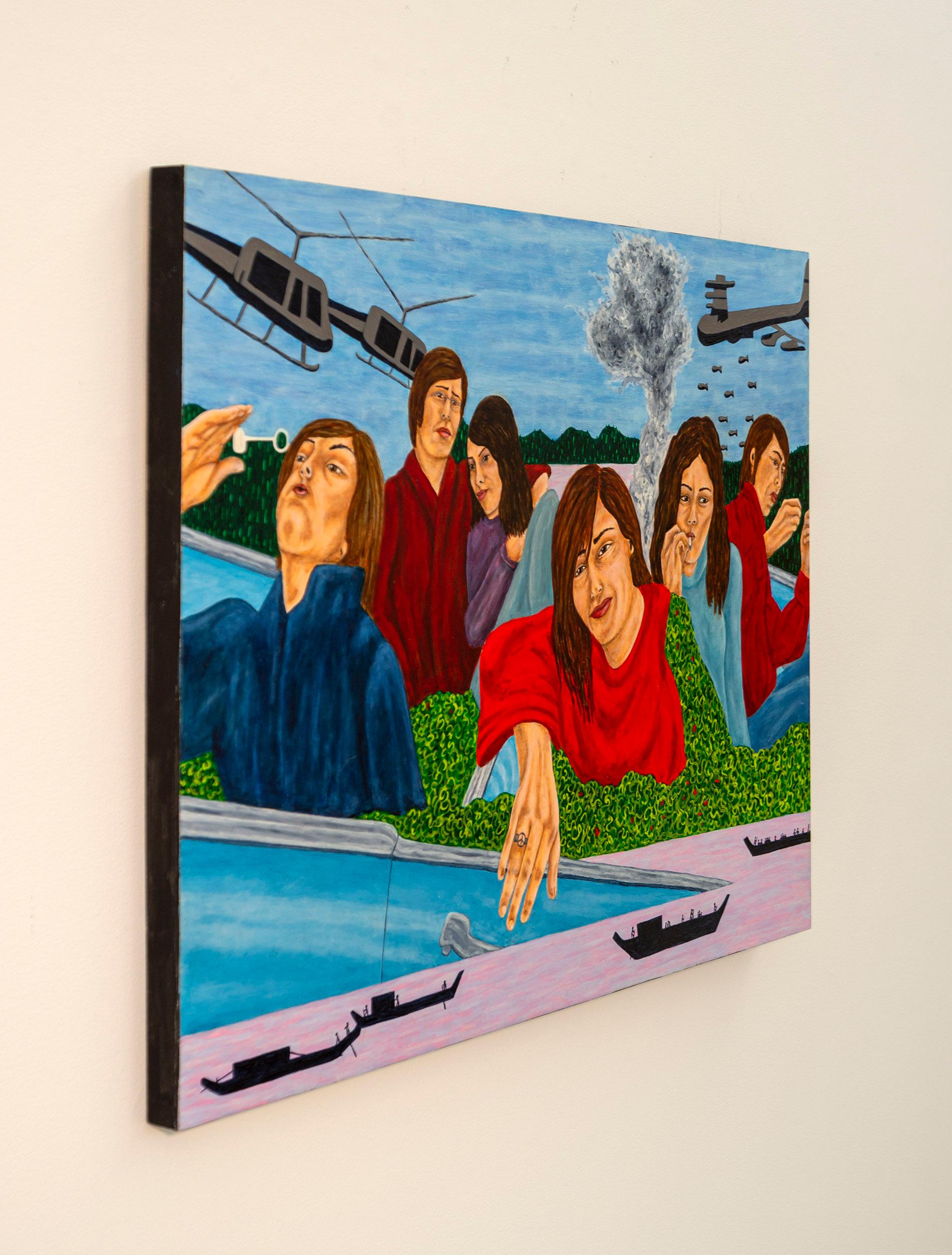 The Blue Bus is Calling Us - zeitgenössisch, figurativ, Öl auf Platte – Painting von Deborah Root