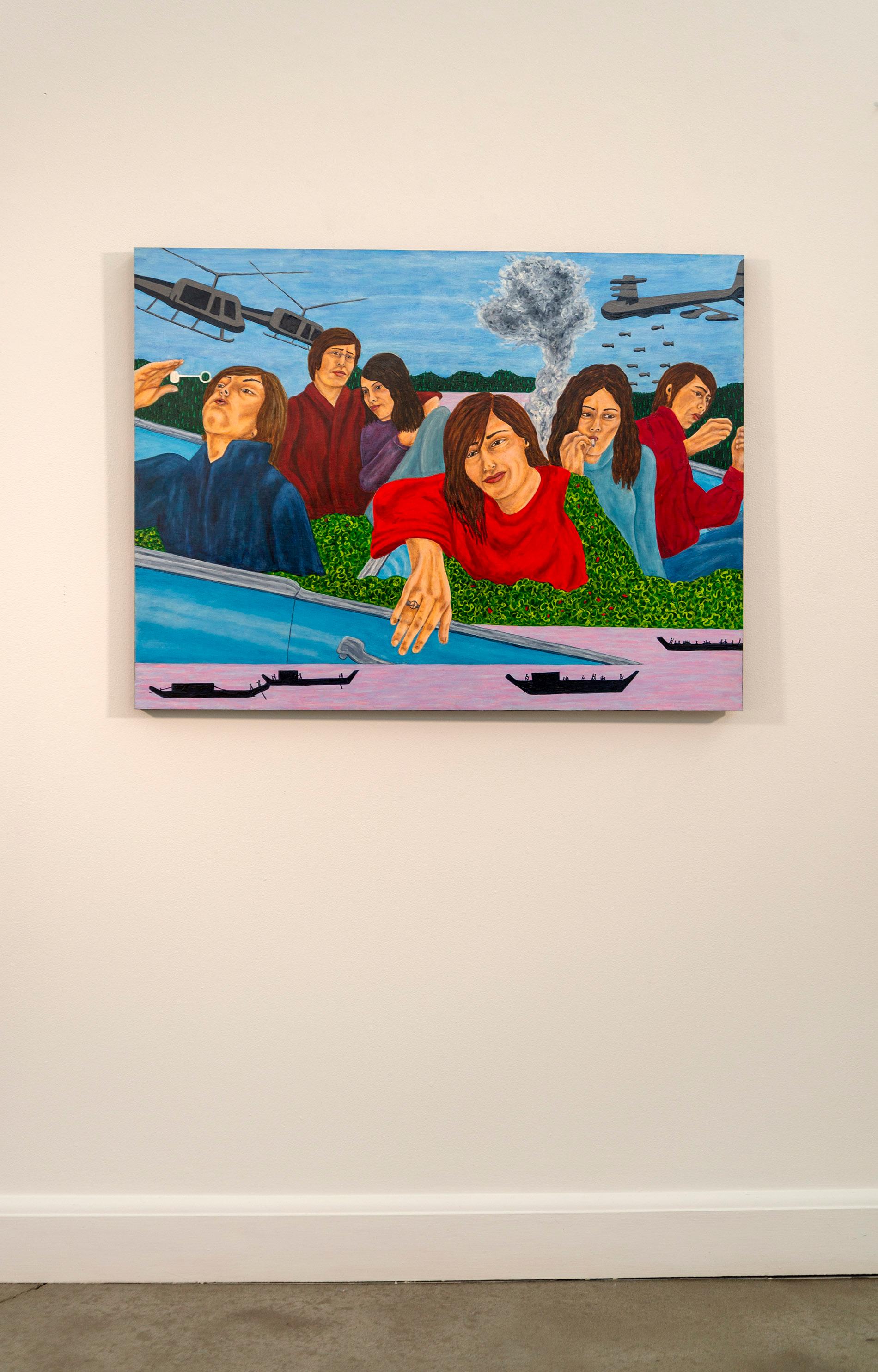 The Blue Bus is Calling Us - zeitgenössisch, figurativ, Öl auf Platte (Zeitgenössisch), Painting, von Deborah Root