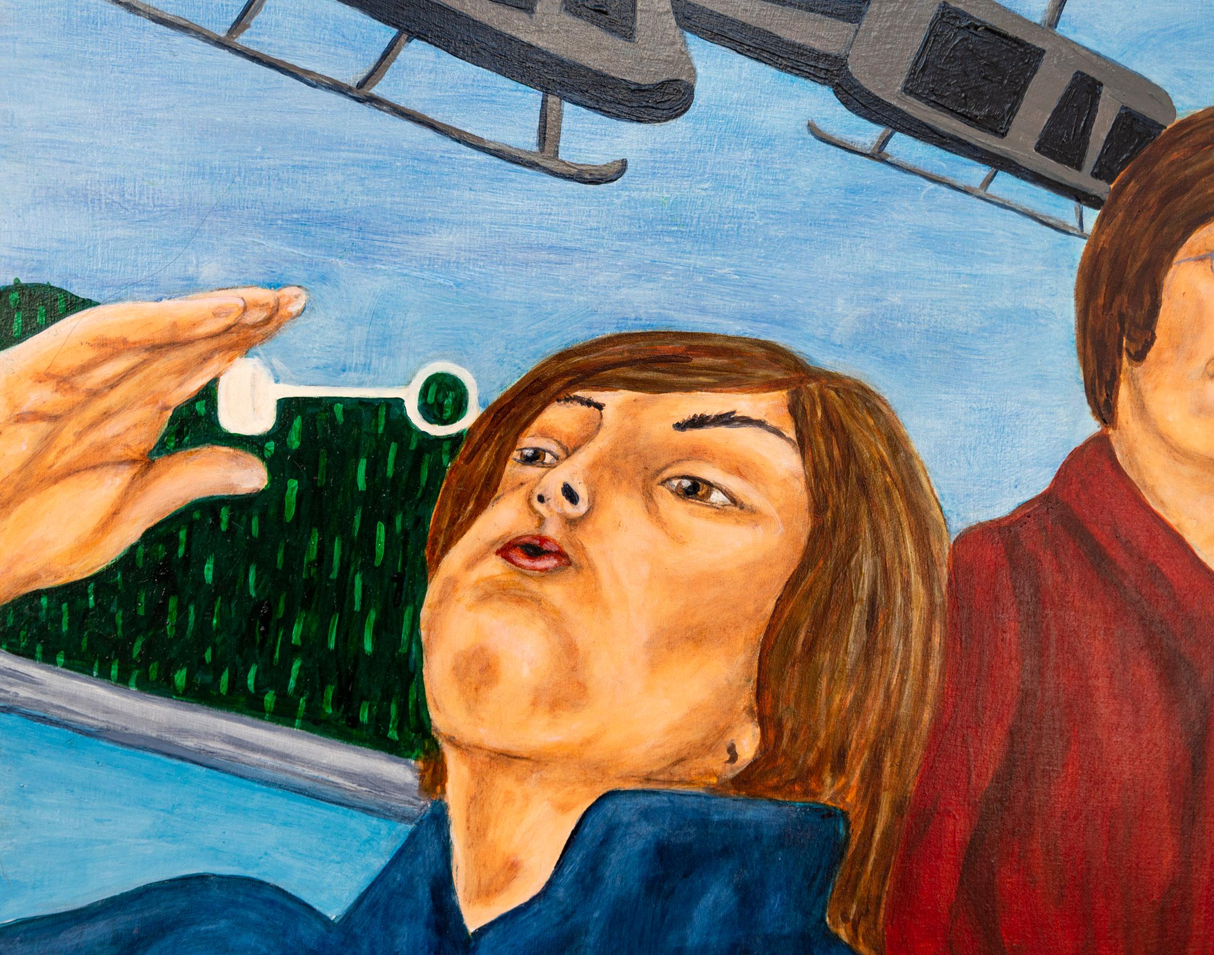 The Blue Bus is Calling Us - zeitgenössisch, figurativ, Öl auf Platte (Schwarz), Figurative Painting, von Deborah Root