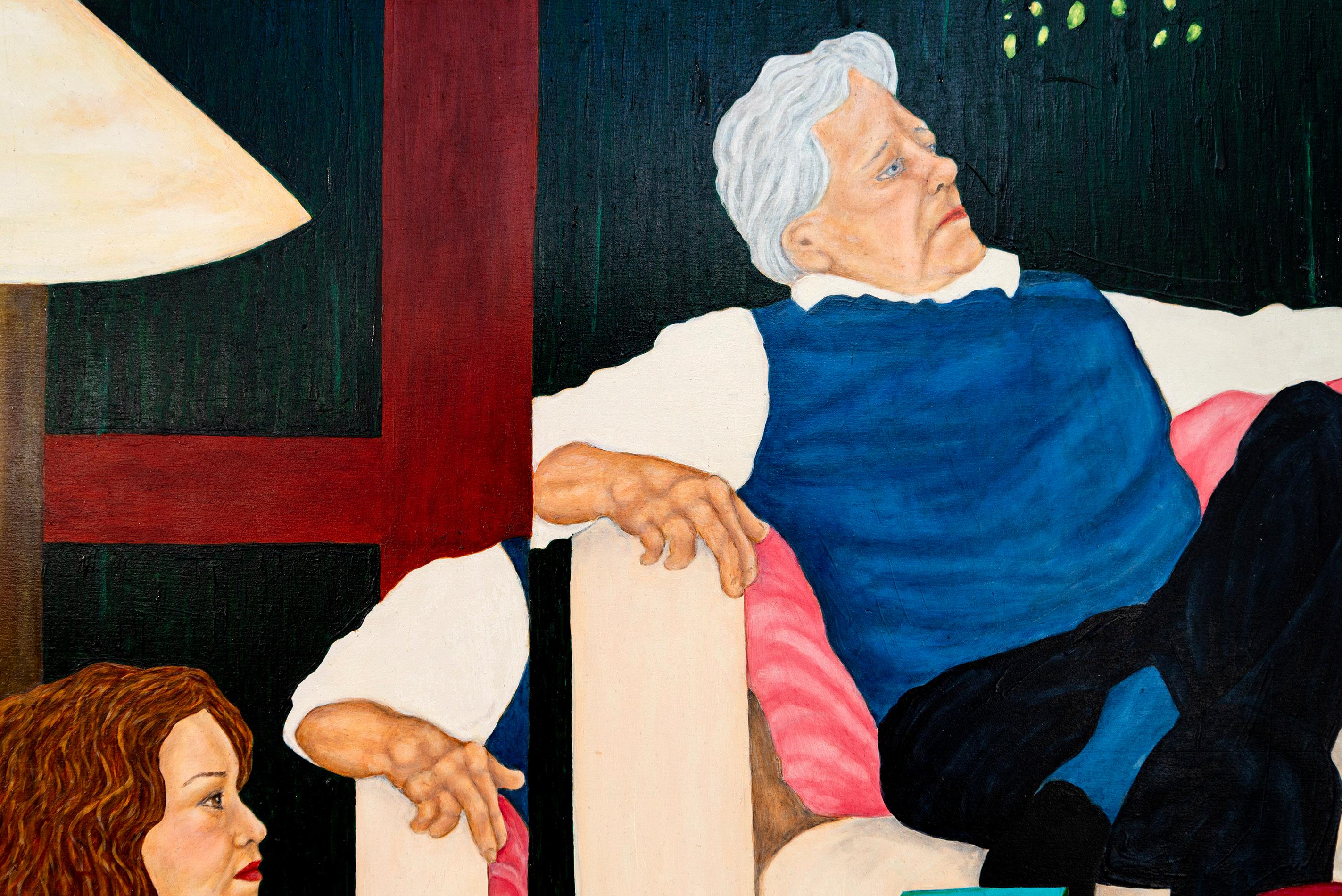 This contemporary figurative oil painting explores themes of politics and culture.

Deborah Root’s dynamic colourful compositions tell an intimate story about her experience during socially relevant and politically important moments in time.

“In