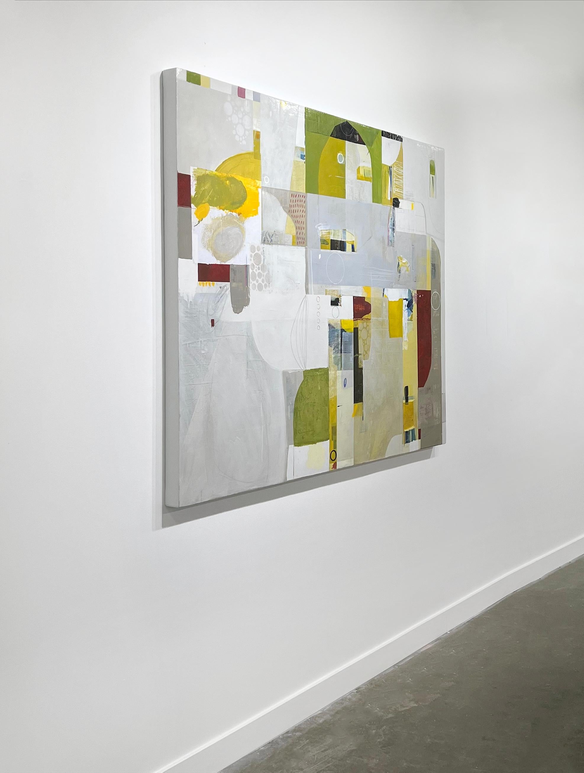 This abstract collage painting by Deborah Colter is made with mixed media on gallery wrapped canvas on panel. It features a multicolored palette, with neutral greys accented by unique green, red, and yellow tones. The found paper elements are