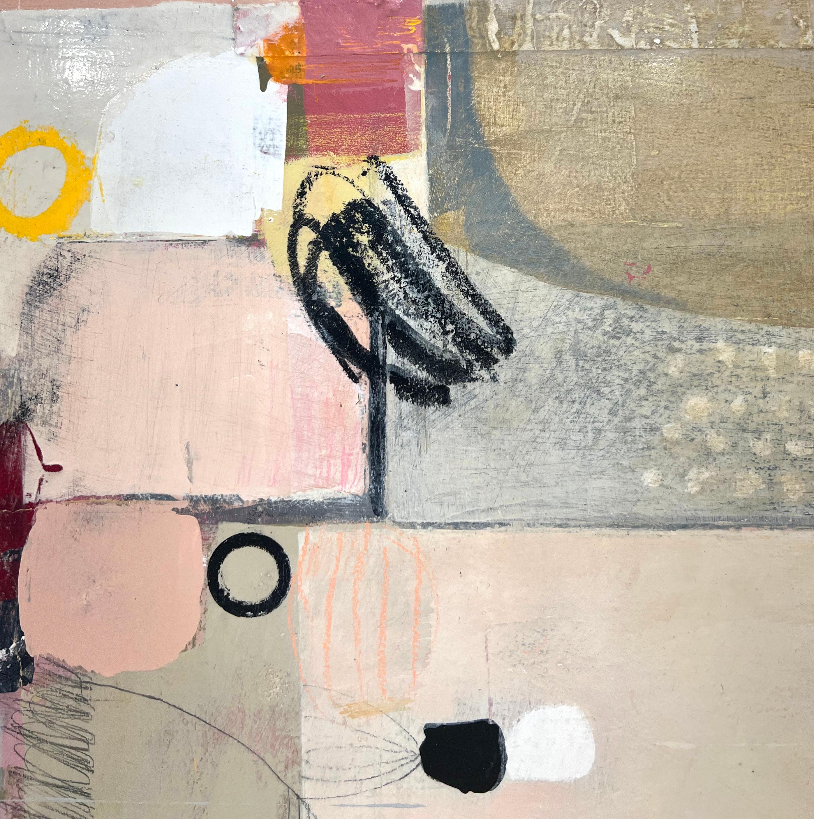 This abstract collage painting is made with mixed media on panel. It features a multicolored palette, with geometric and abstract shapes collaged and painted together in varying tones of yellow, pink, grey, orange, and more. Subtle outlines of