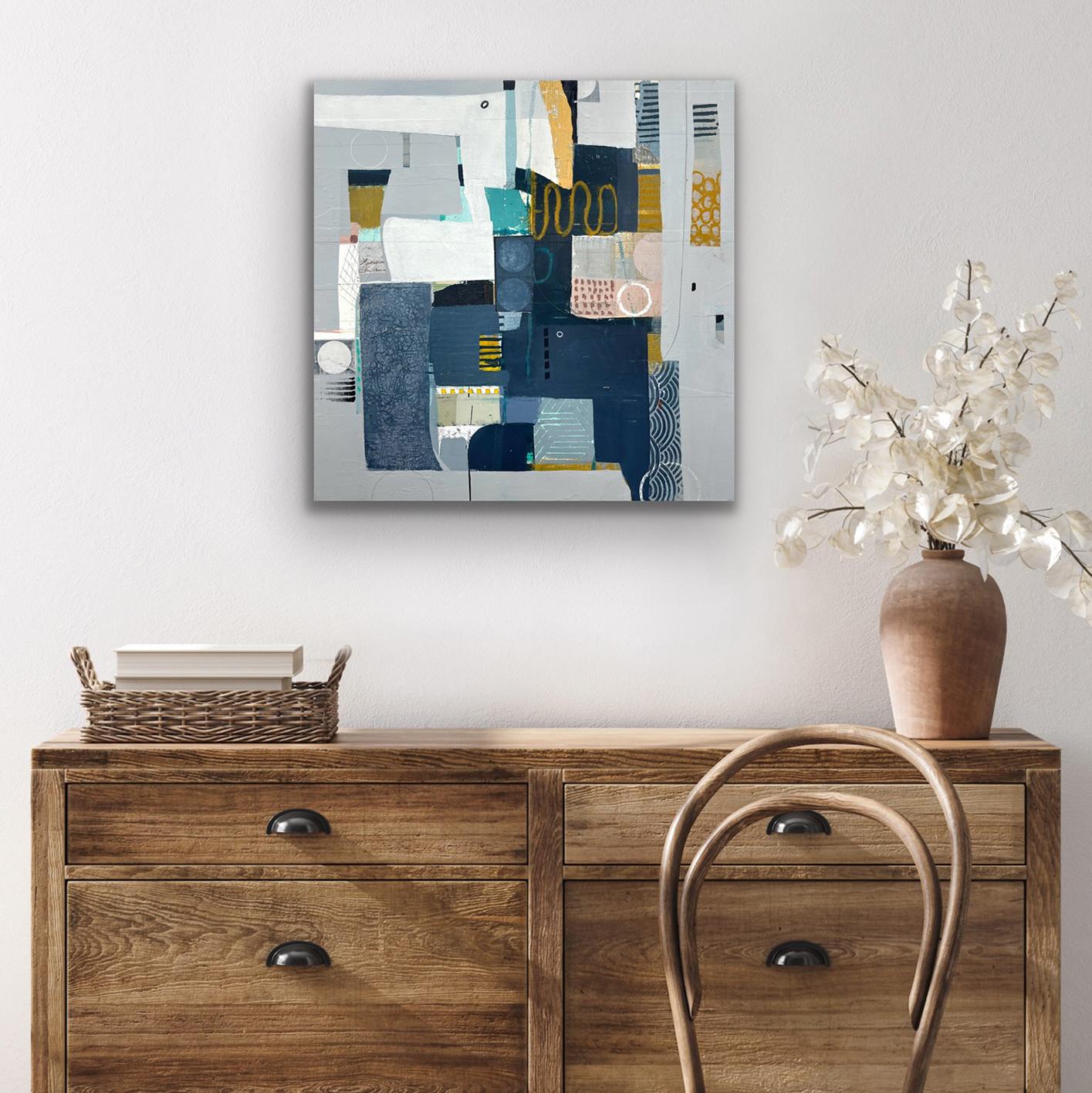 A Puzzlement - abstract blue white beige brown painting and collage on panel For Sale 2