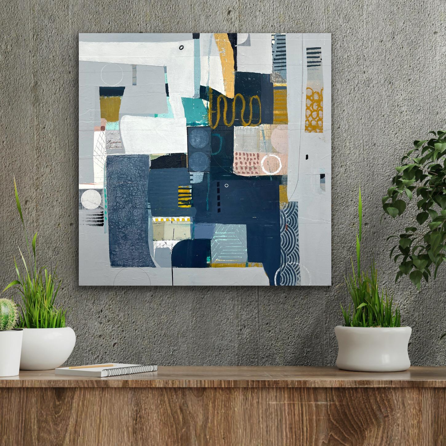 A Puzzlement – abstraktes blau-weiß-beige-beige-braunes Gemälde und Collage auf Tafel im Angebot 3