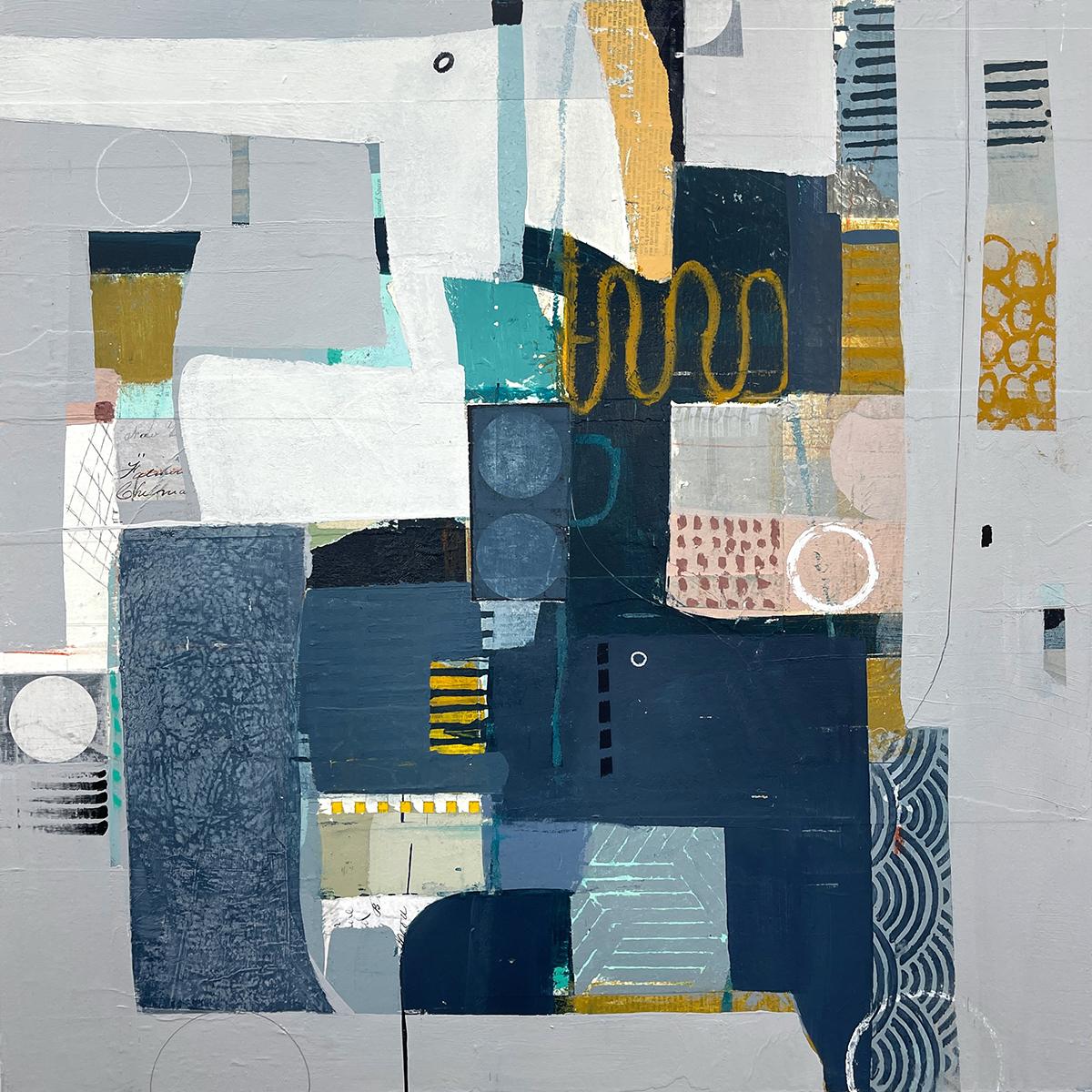 A Puzzlement - abstract blue white beige brown painting and collage on panel