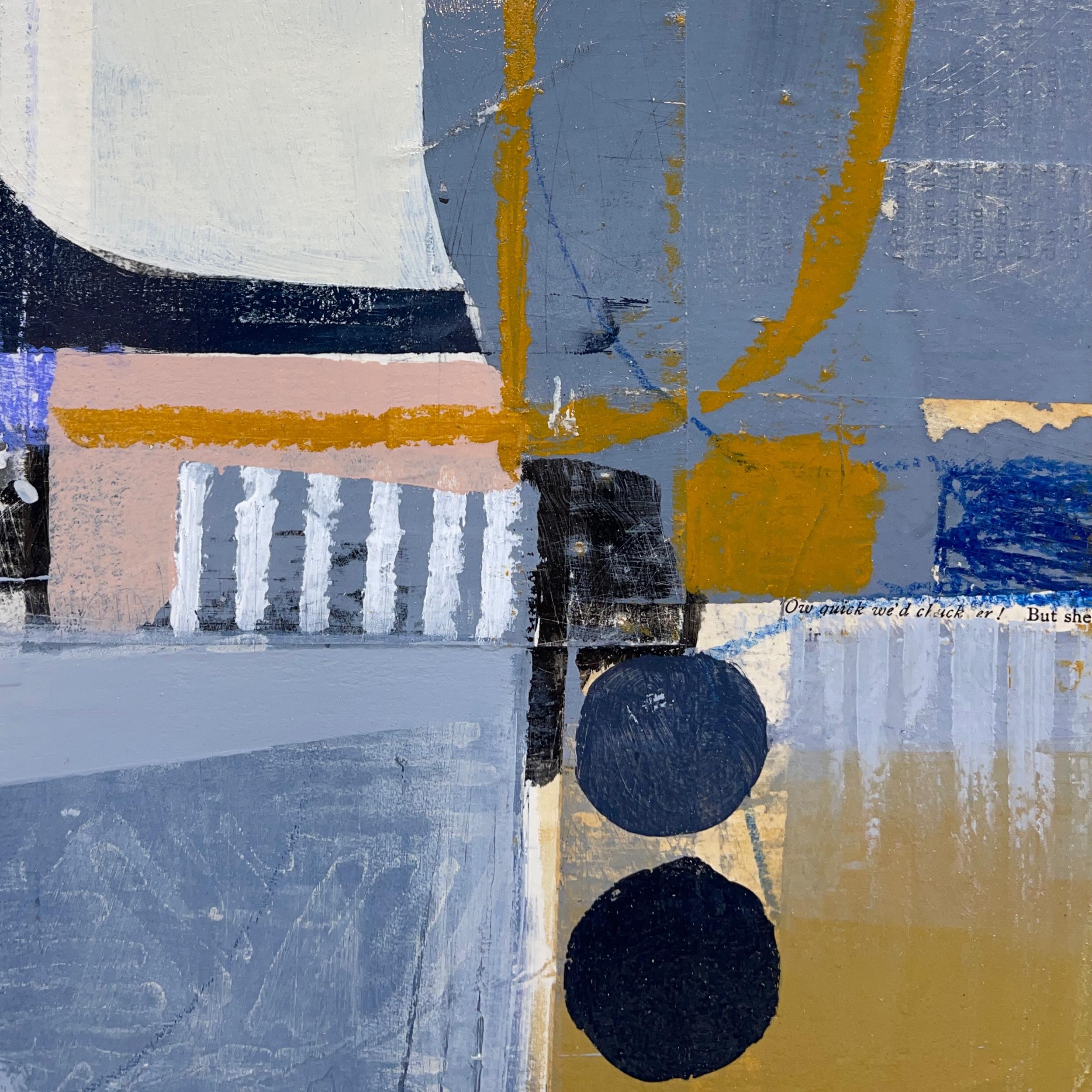 All I Need to Know – abstraktes blau-weiß-beigefarbenes Gemälde und Collage auf Tafel (Abstrakt), Mixed Media Art, von Deborah T. Colter