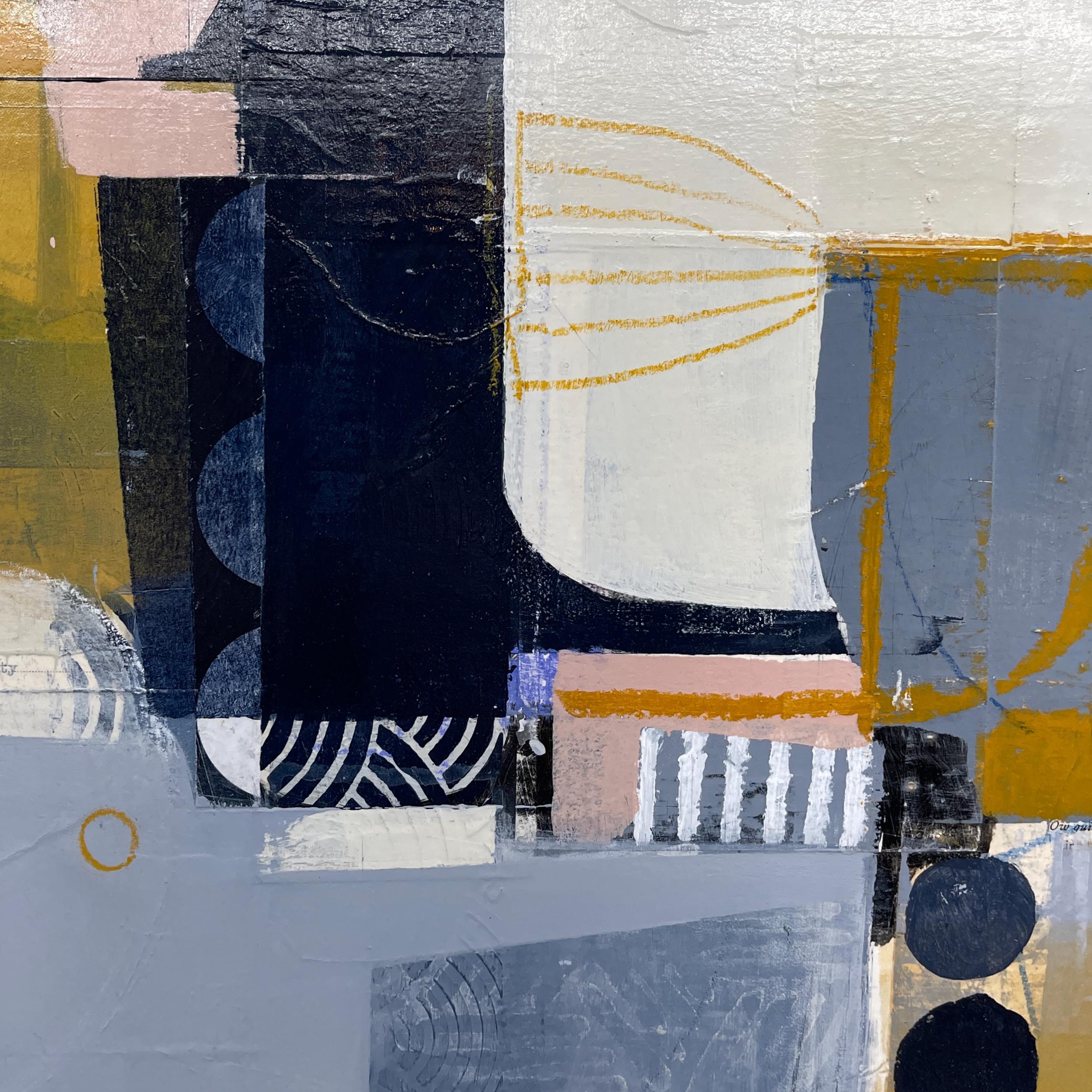 All I Need to Know – abstraktes blau-weiß-beigefarbenes Gemälde und Collage auf Tafel im Angebot 1