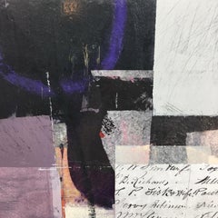 Ancient tales - abstract white grey purple painting and collage on panel