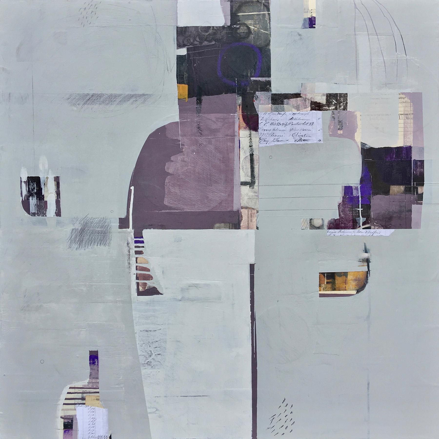 Ancient tales - abstract white grey purple painting and collage on panel