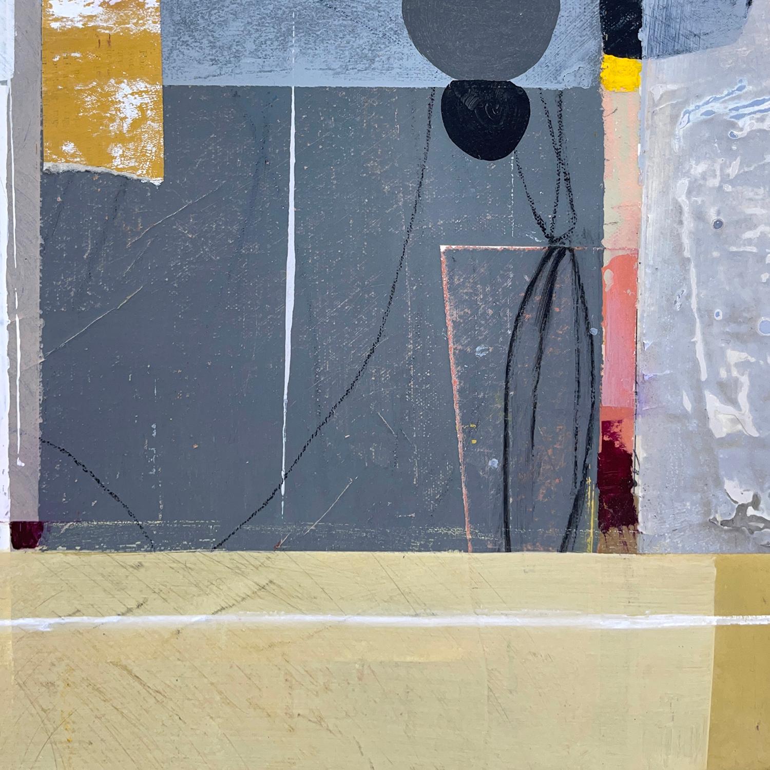 Mare di cartone - pittura astratta bianca gialla grigia arancione e collage su pannello - Painting di Deborah T. Colter