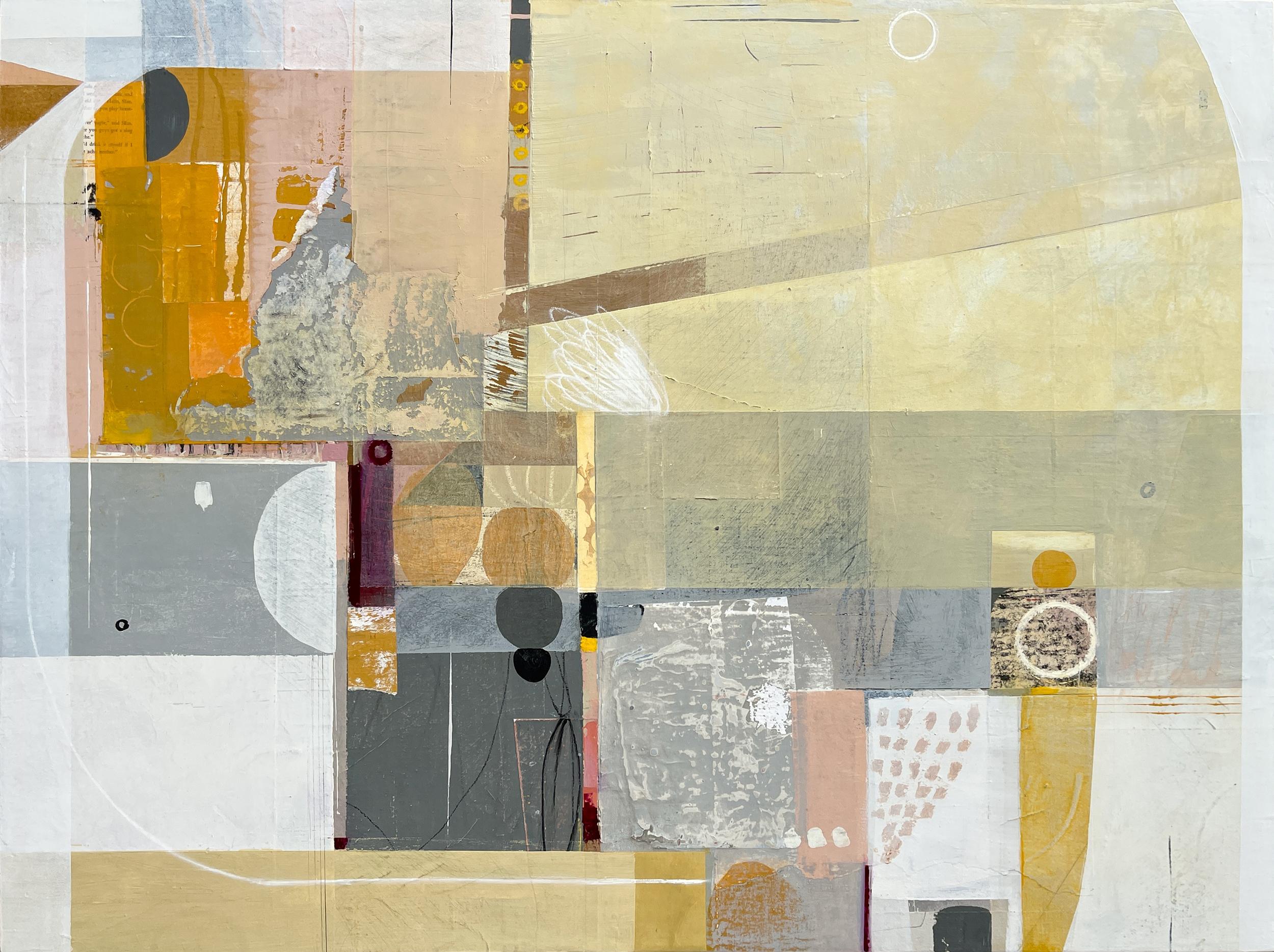 Abstract Painting Deborah T. Colter - Cardboard Sea - peinture abstraite jaune, gris et orange et collage sur panneau