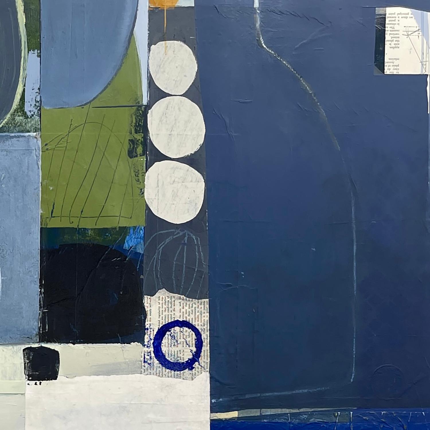 Defying Gravity - abstract blue white painting and collage on panel - Painting by Deborah T. Colter