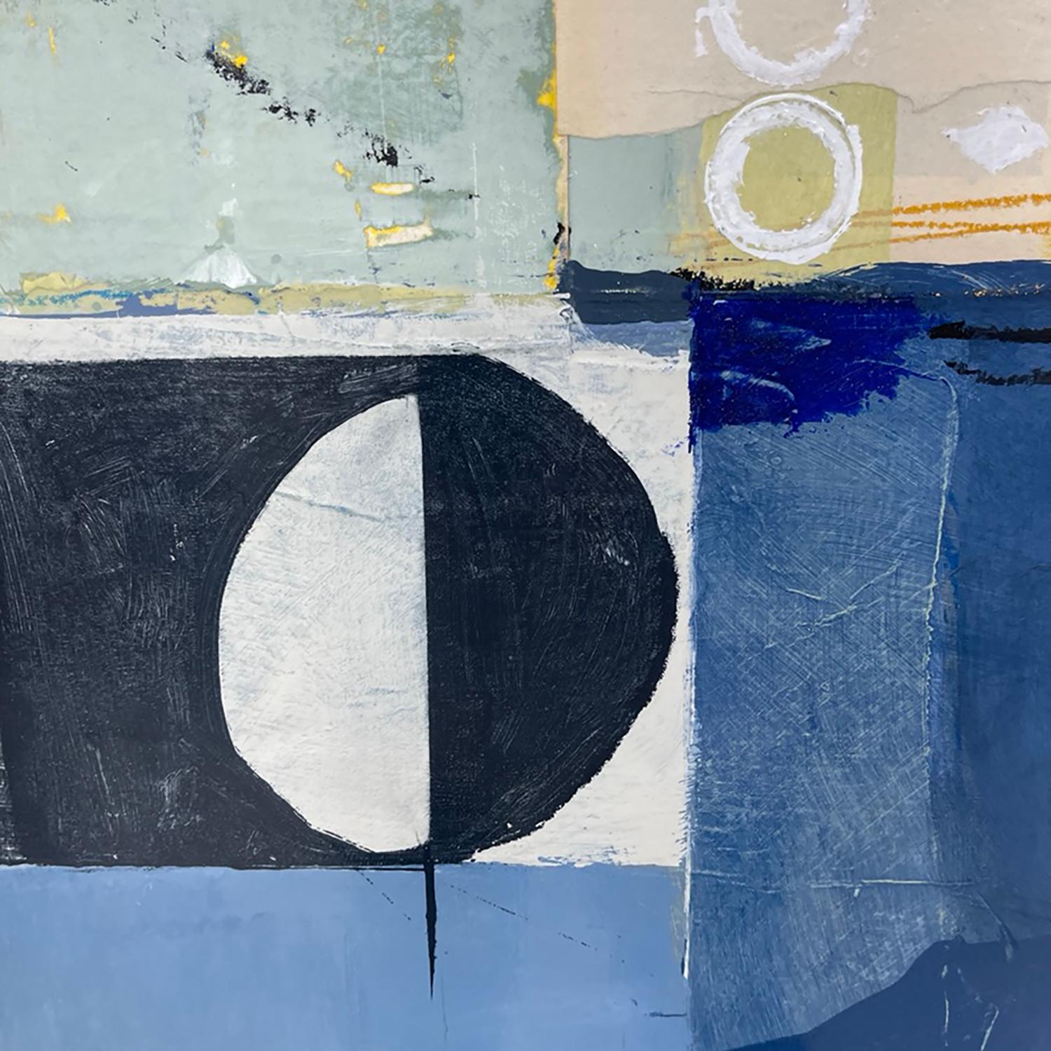 Defying Gravity - abstract blue white painting and collage on panel - Abstract Painting by Deborah T. Colter