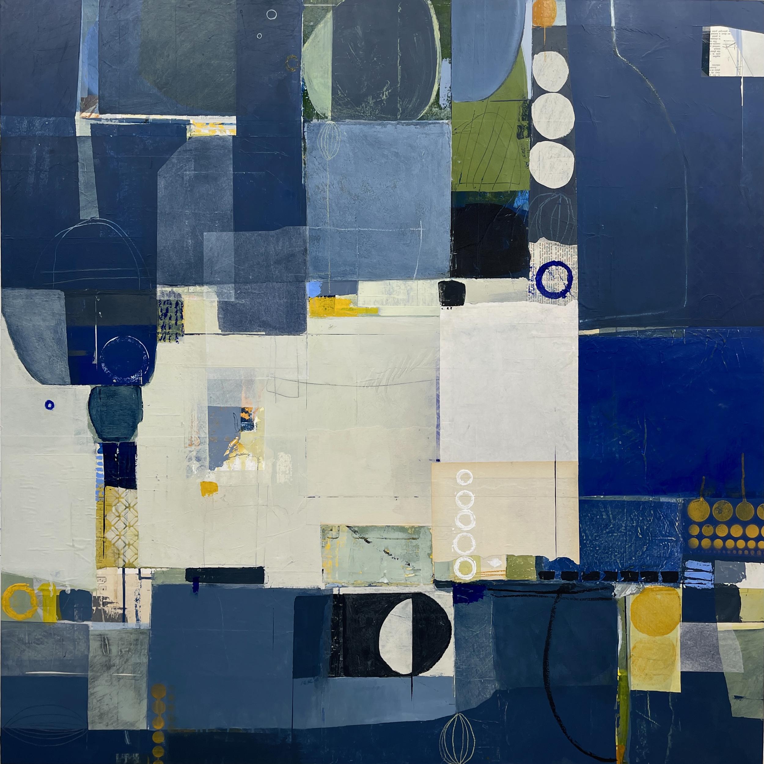 Deborah T. Colter Abstract Painting - Defying Gravity - abstract blue white painting and collage on panel