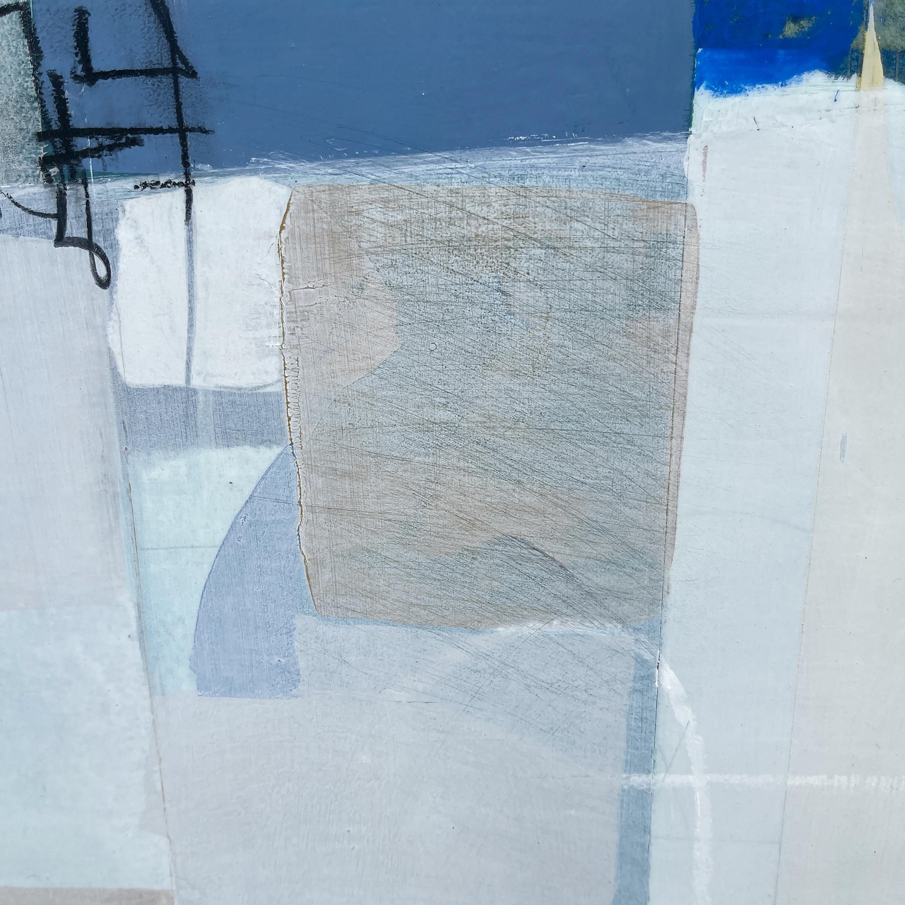 Dreams of flying - abstract blue white brown painting and collage on panel - Painting by Deborah T. Colter