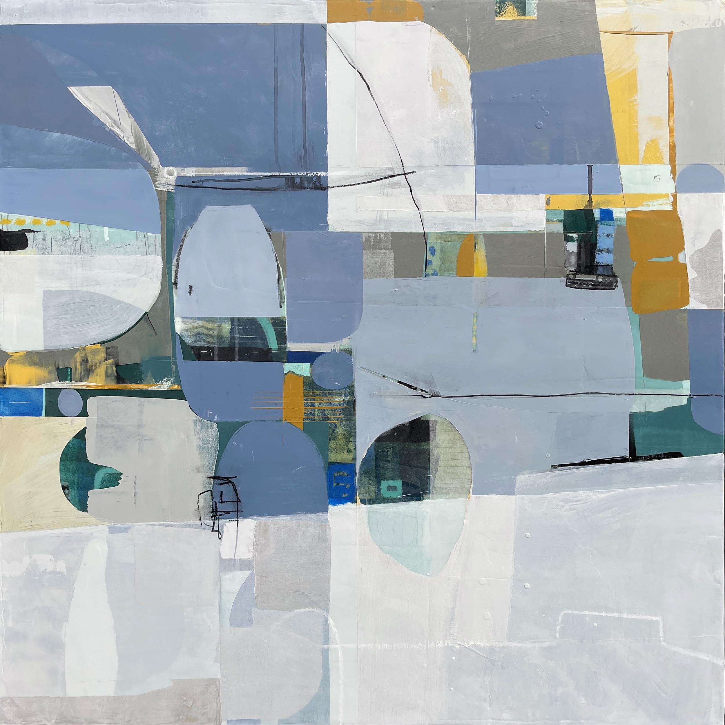 Deborah T. Colter Abstract Painting - Dreams of flying - abstract blue white brown painting and collage on panel