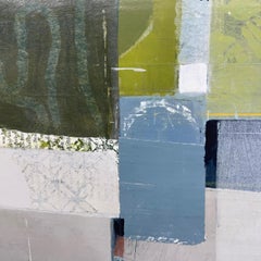 Entrelazados -Nieblas pintura abstracta azul blanco verde y collage sobre panel