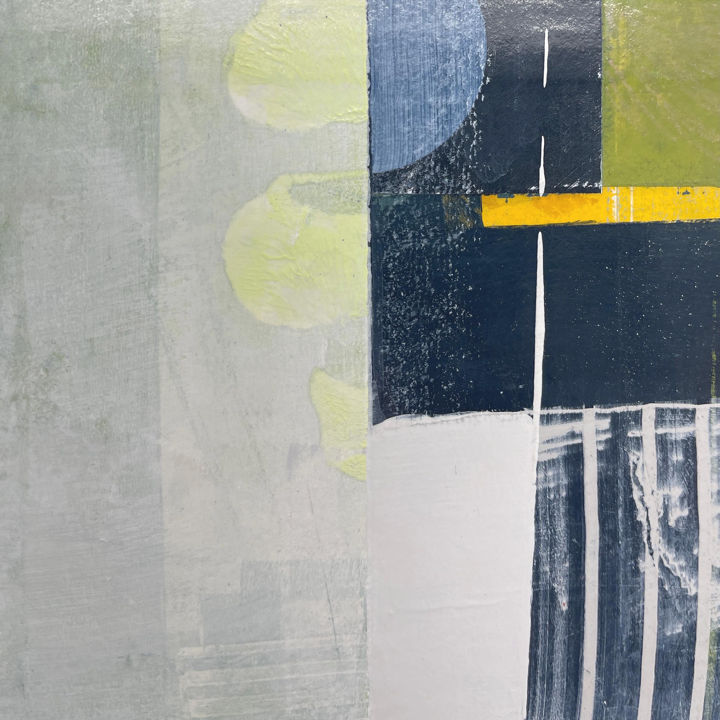 Abstraktes blau-weiß-grünes Gemälde und Collage auf Tafel von Entwined (Grau), Abstract Painting, von Deborah T. Colter