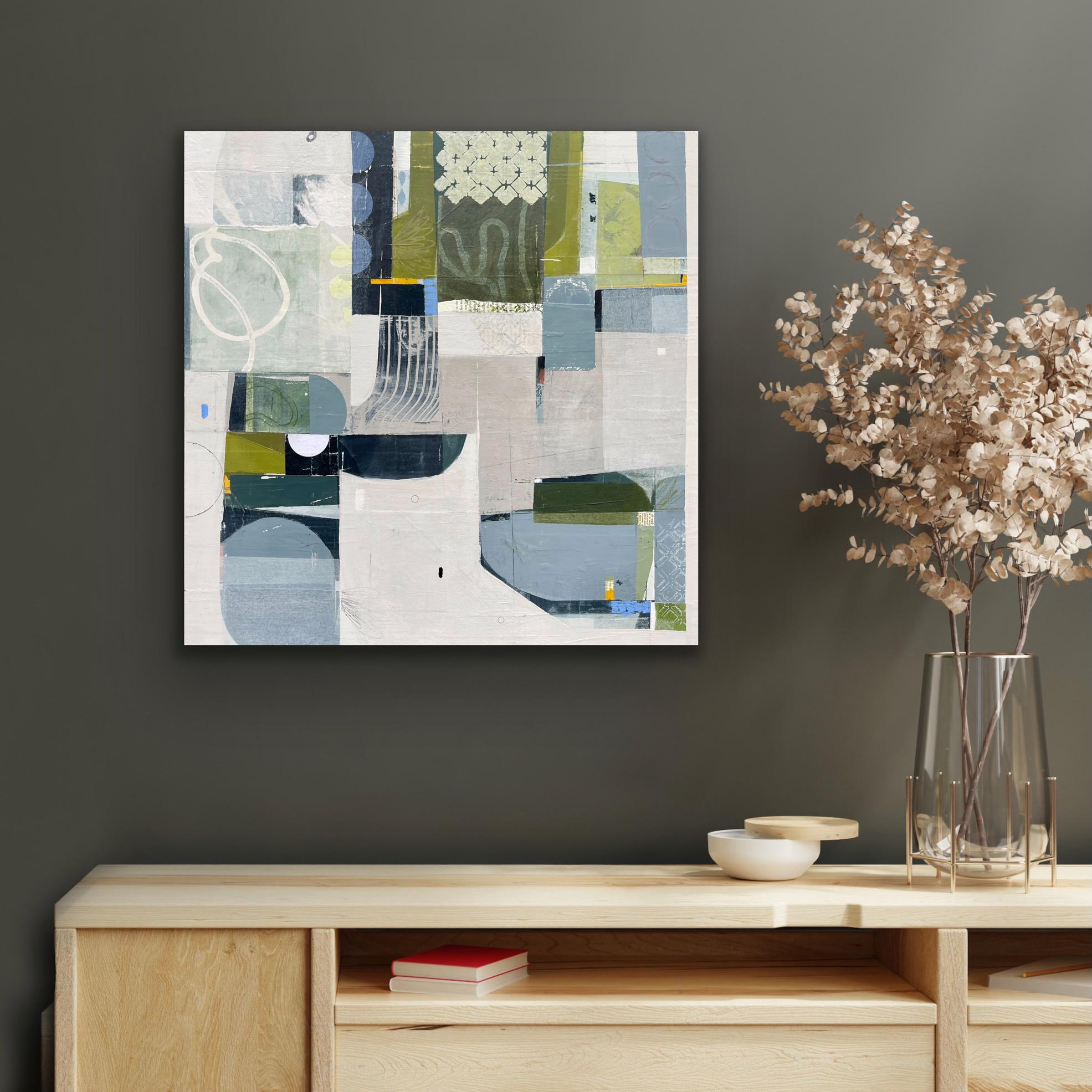 Entwined - Nebbie astratte blu bianco verde pittura e collage su pannello - Abstract Painting Grigio di Deborah T. Colter