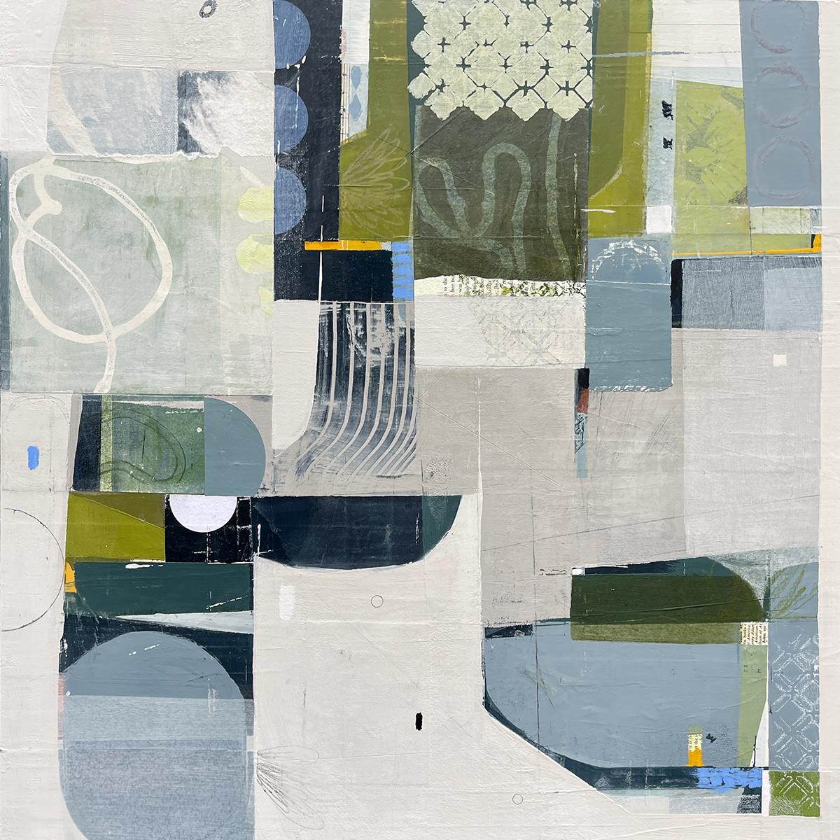 Deborah T. Colter Abstract Painting - Entwined -Mists abstract blue white green painting and collage on panel