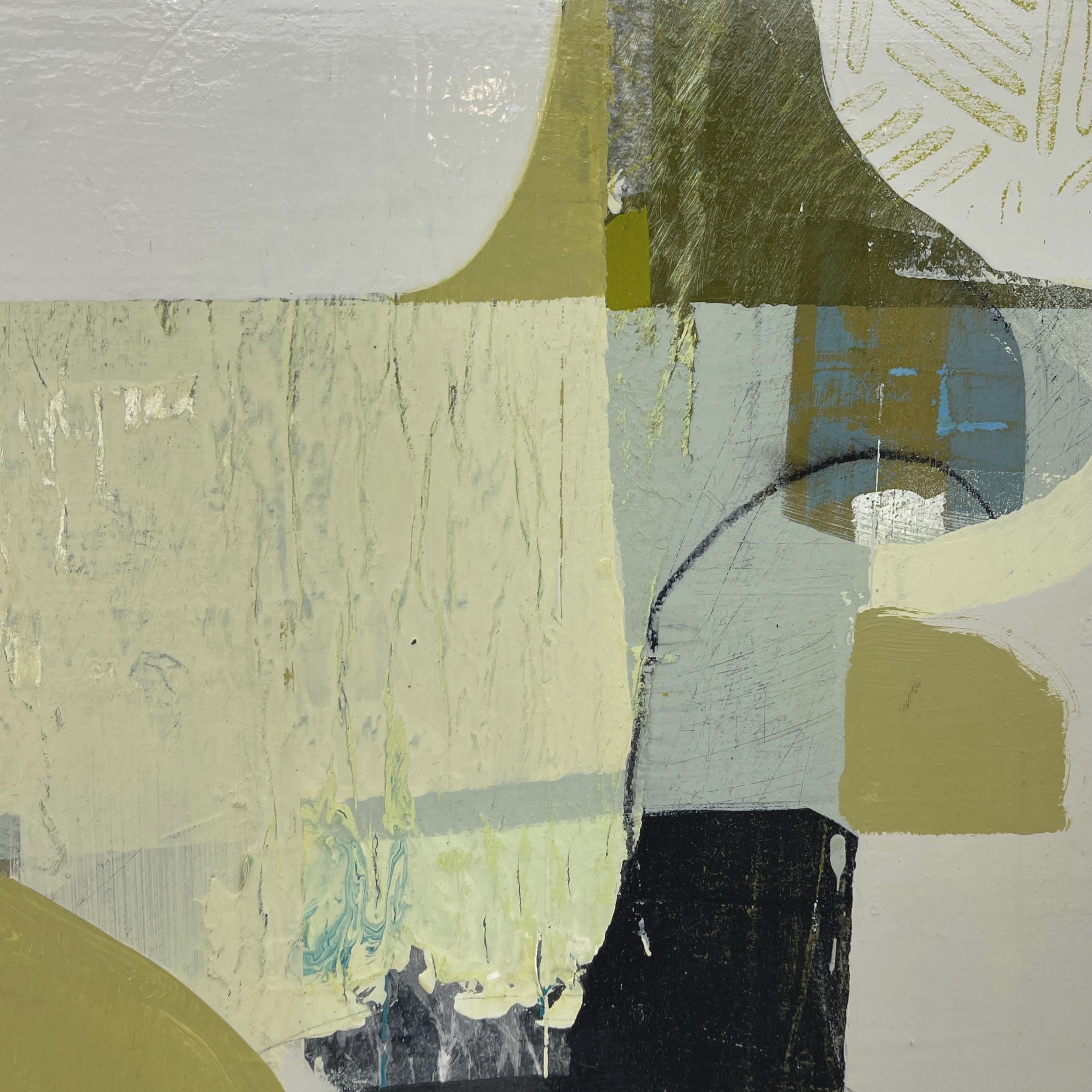 Far and Away - abstract green white beige painting and collage on panel - Painting by Deborah T. Colter