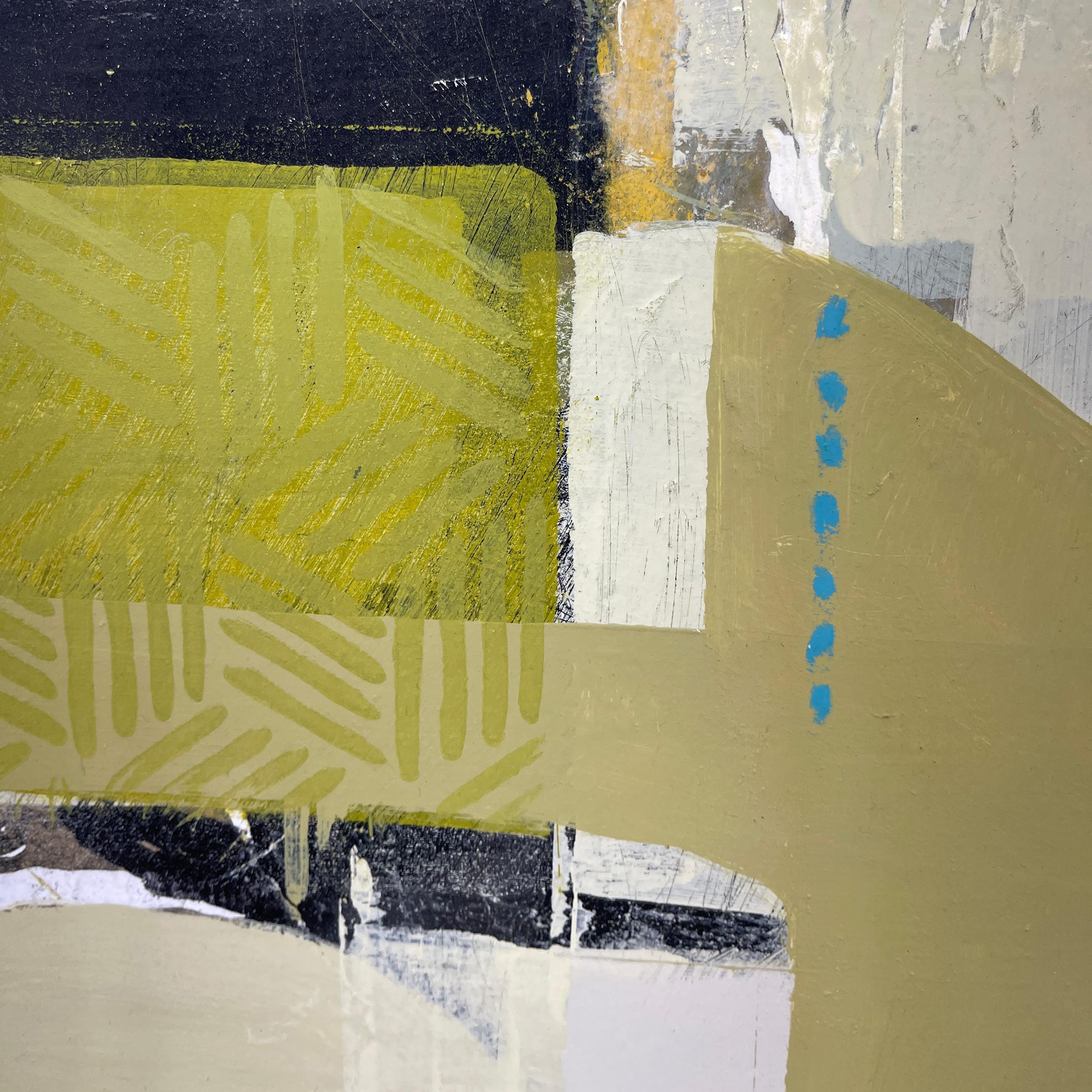 Far and Away - pittura astratta verde bianco beige e collage su pannello - Abstract Painting Beige di Deborah T. Colter