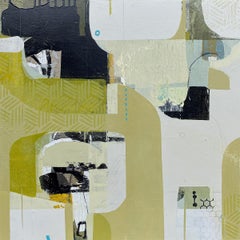 Far and Away - pintura abstracta verde blanco beige y collage sobre panel