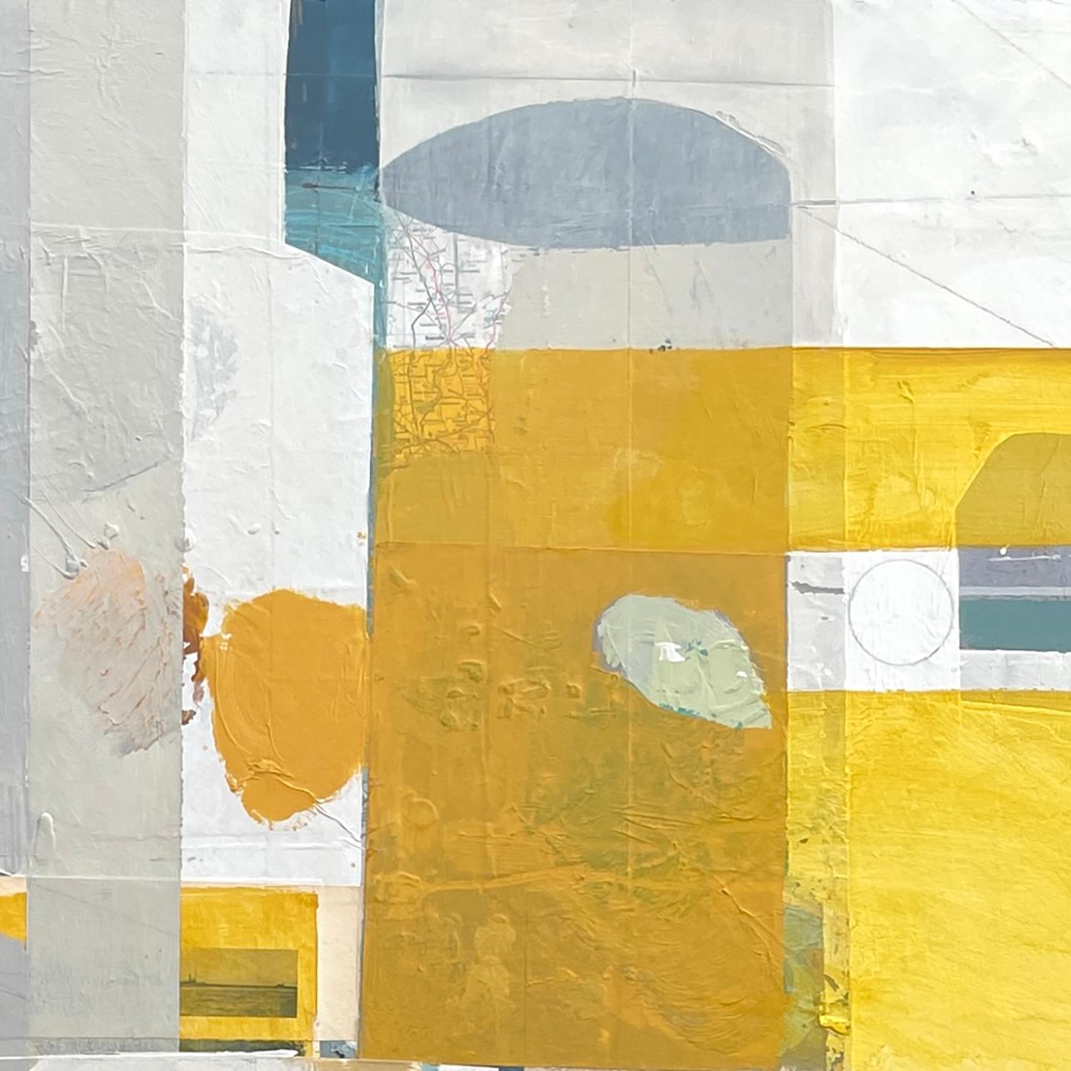 Guidance - abstract white yellow grey orange painting and collage on panel - Beige Abstract Painting by Deborah T. Colter