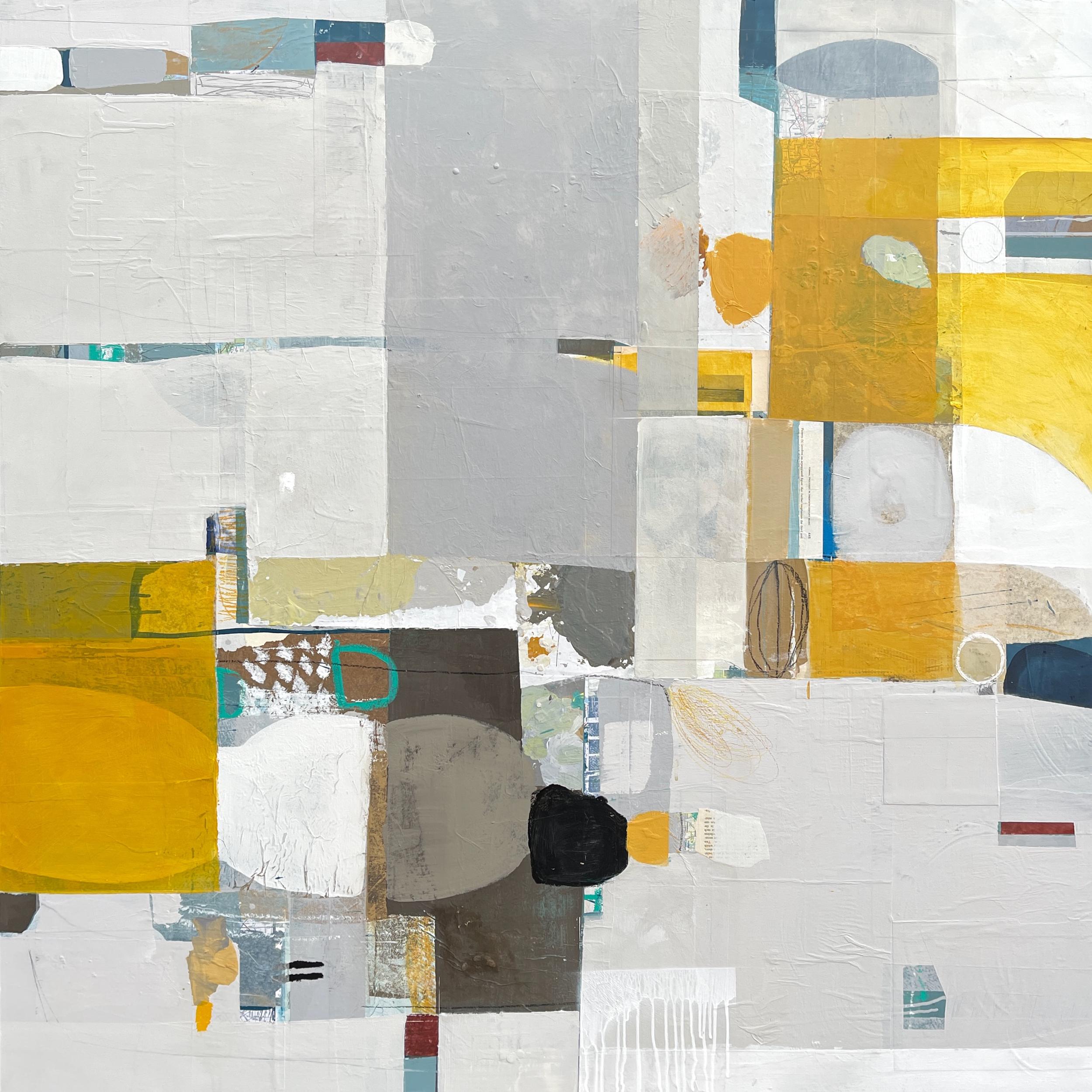 Deborah T. Colter Abstract Painting - Guidance - abstract white yellow grey orange painting and collage on panel